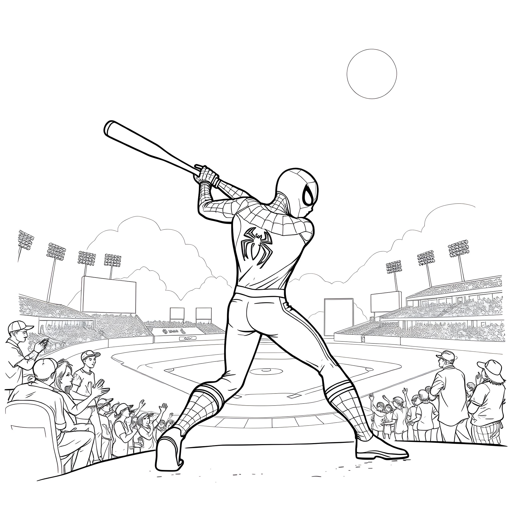 Spiderman swinging his web to save the day Coloring Page (free black-and-white line drawing printable PDF for all, from beginners to advanced learners, including children, teens, adults, and seniors)