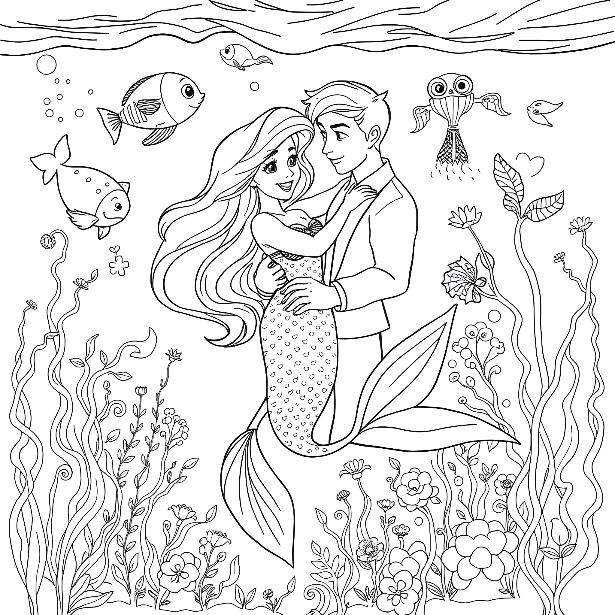 Ariel and Prince Eric embracing underwater Coloring Page (free black-and-white line drawing printable PDF for all, from beginners to advanced learners, including children, teens, adults, and seniors)