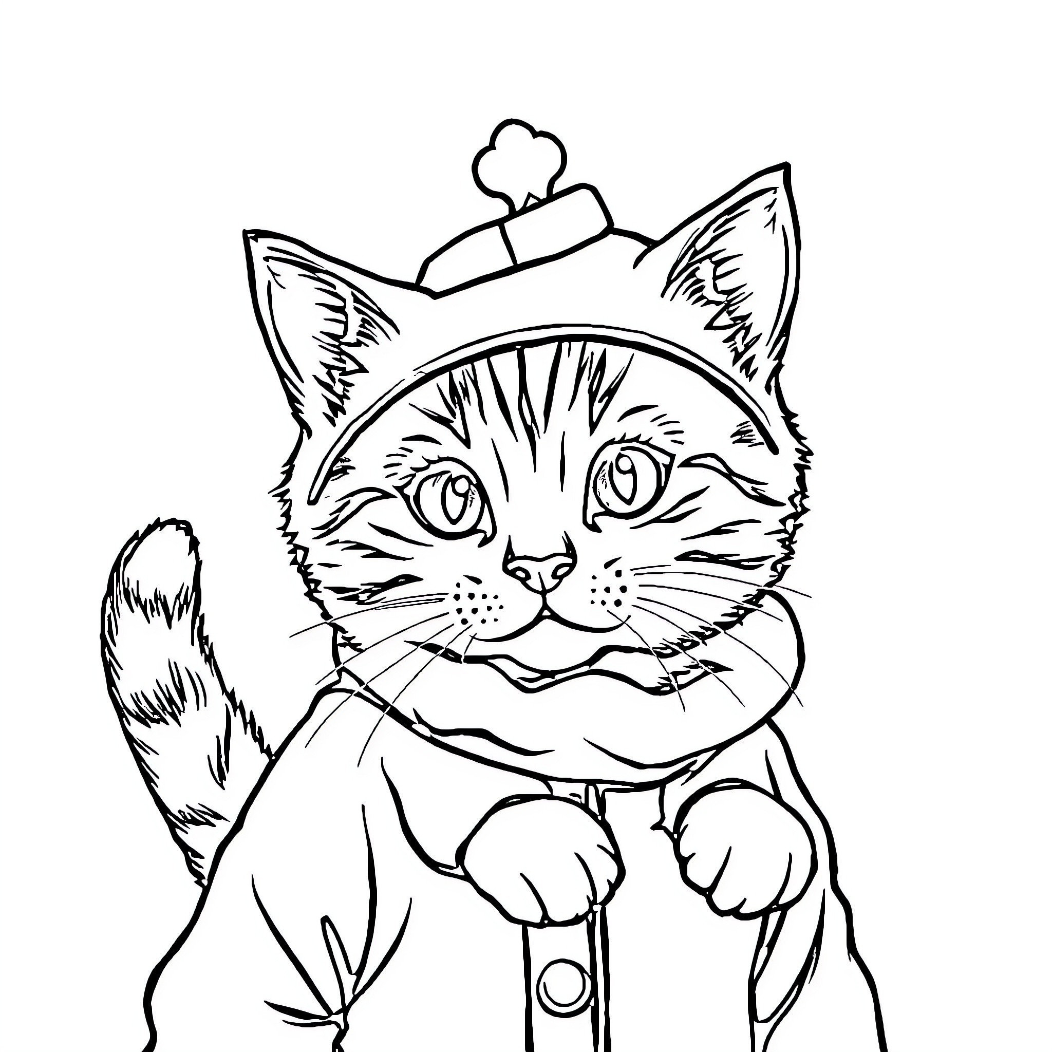 Cat chef in cooking attire Coloring Page (free black-and-white line drawing printable PDF for all, from beginners to advanced learners, including children, teens, adults, and seniors)