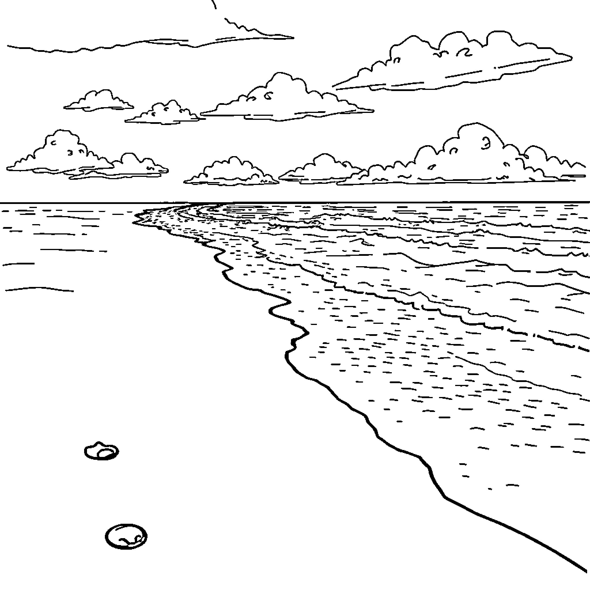 Beach scene with scenic landscape and cloudy sky Coloring Page (free black-and-white line drawing printable PDF for all, from beginners to advanced learners, including children, teens, adults, and seniors)