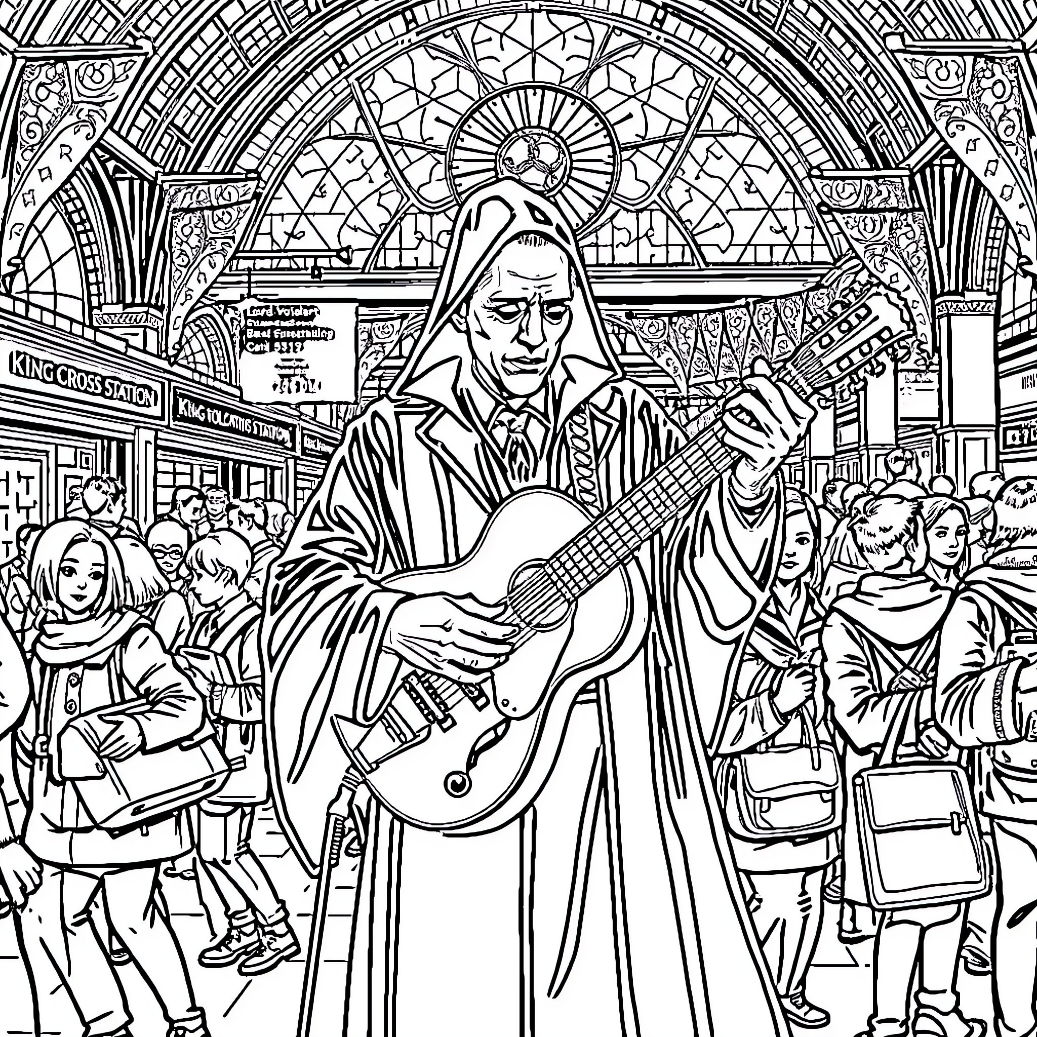 Lord Voldemort Performing in the Enchanted Underground Marketplace Coloring Page (free black-and-white line drawing printable PDF for all, from beginners to advanced learners, including children, teens, adults, and seniors)