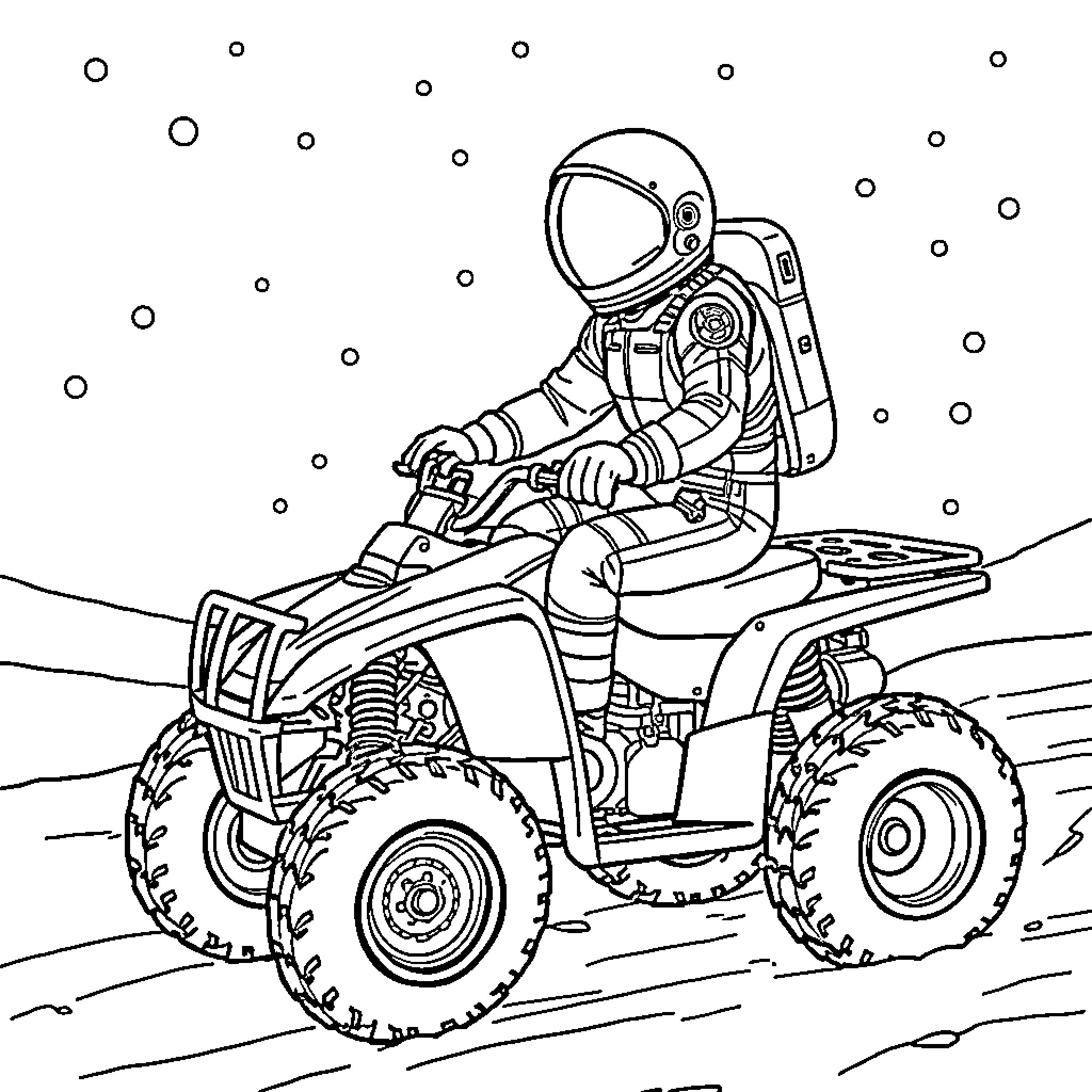 Astronaut riding all-terrain vehicle on alien landscape Coloring Page (free black-and-white line drawing printable PDF for all, from beginners to advanced learners, including children, teens, adults, and seniors)