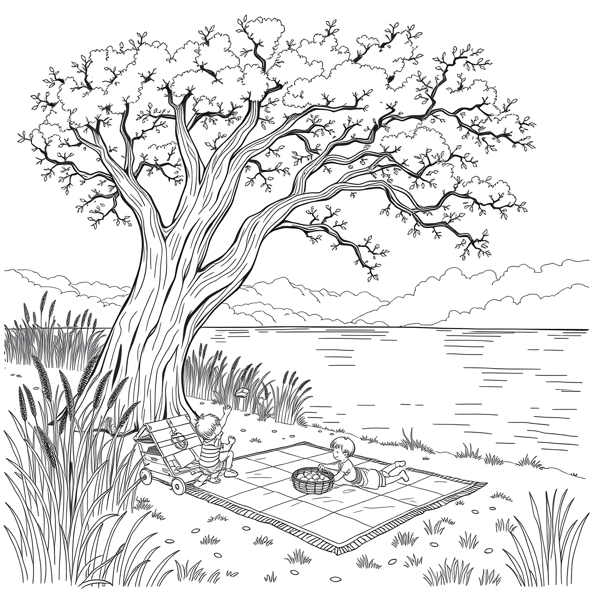 Summer picnic under the blooming tree Coloring Page (free black-and-white line drawing printable PDF for all, from beginners to advanced learners, including children, teens, adults, and seniors)