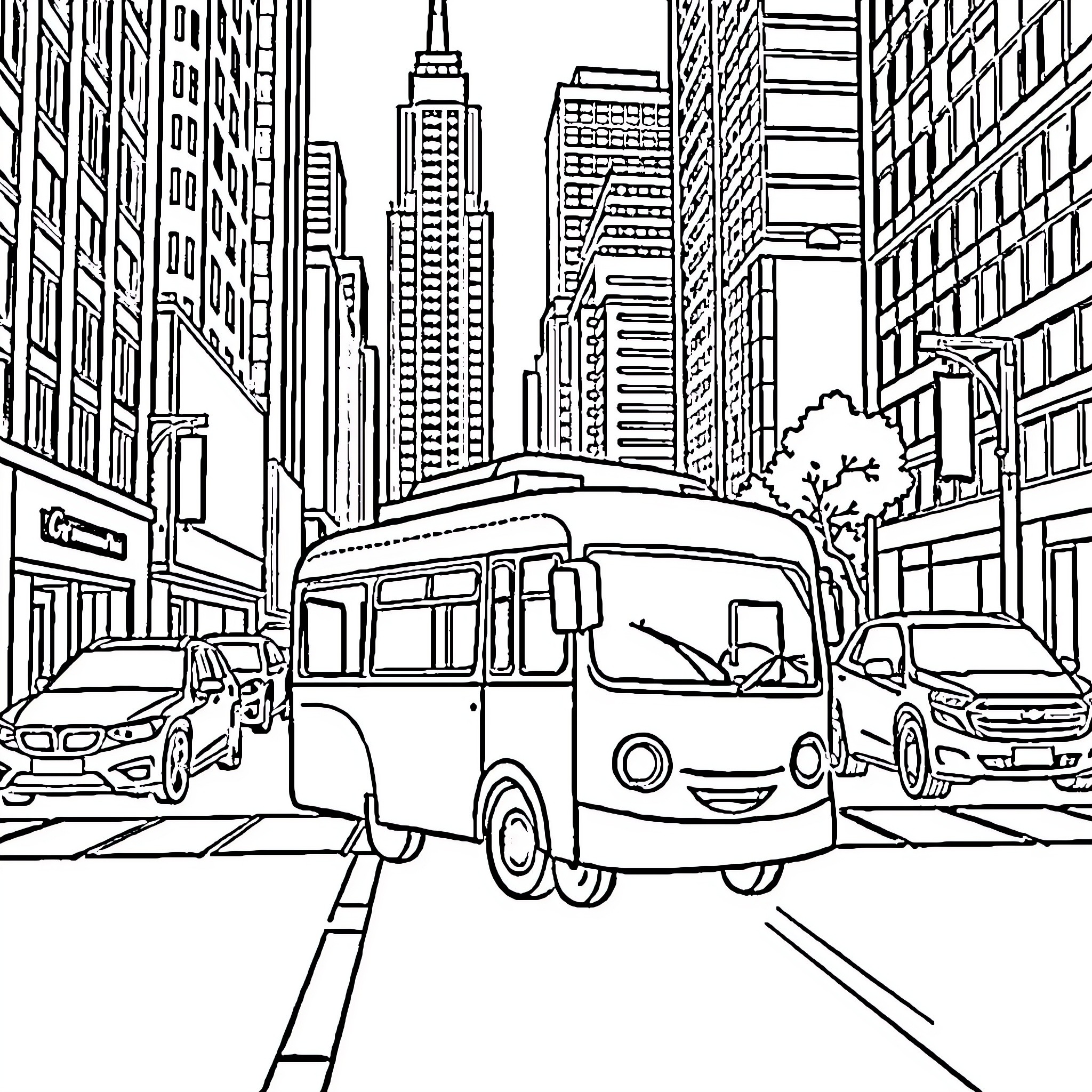 Tayo's Exciting City Adventure Coloring Page (free black-and-white line drawing printable PDF for all, from beginners to advanced learners, including children, teens, adults, and seniors)