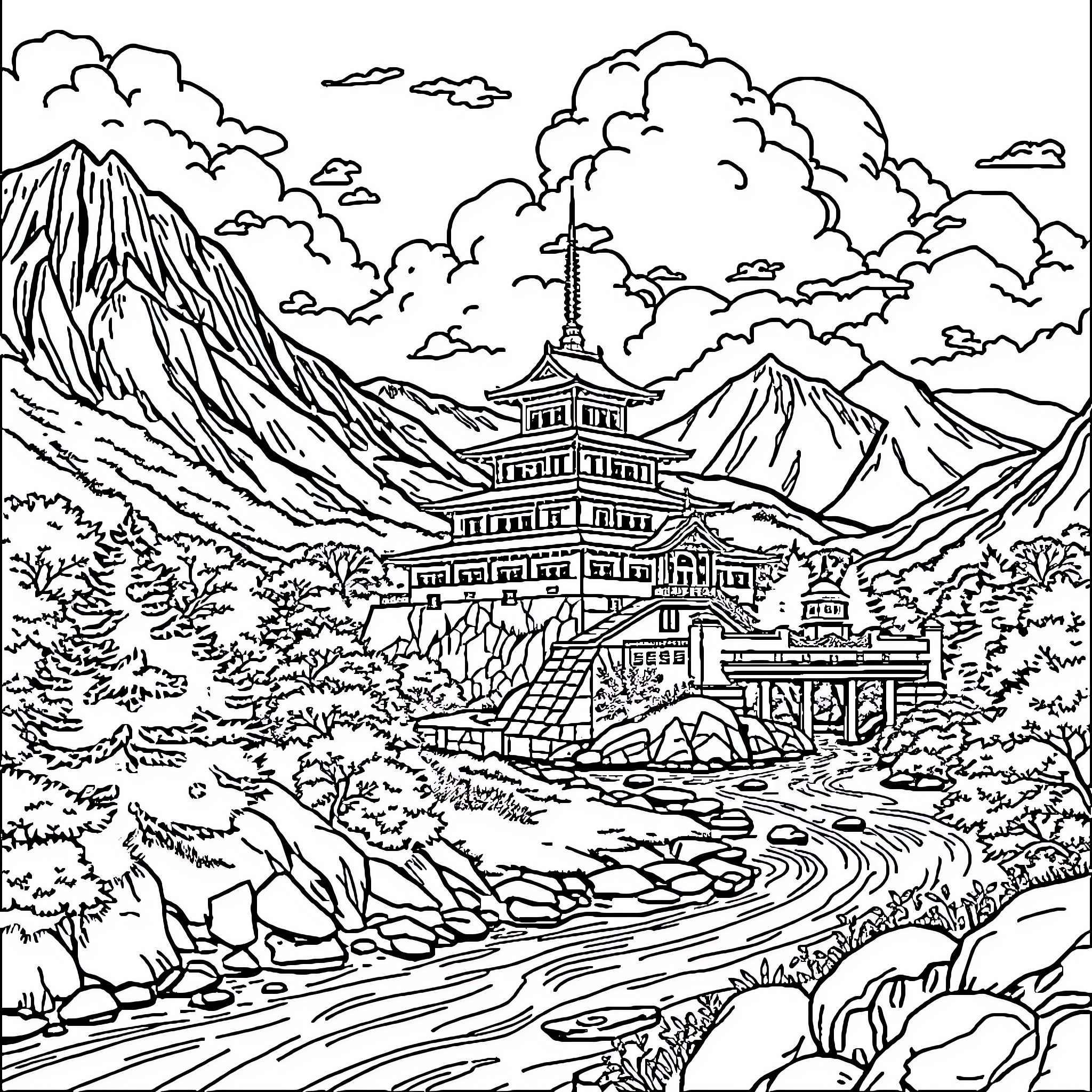 Castle in the Mountainous Landscape with Pagoda Coloring Page (free black-and-white line drawing printable PDF for all, from beginners to advanced learners, including children, teens, adults, and seniors)