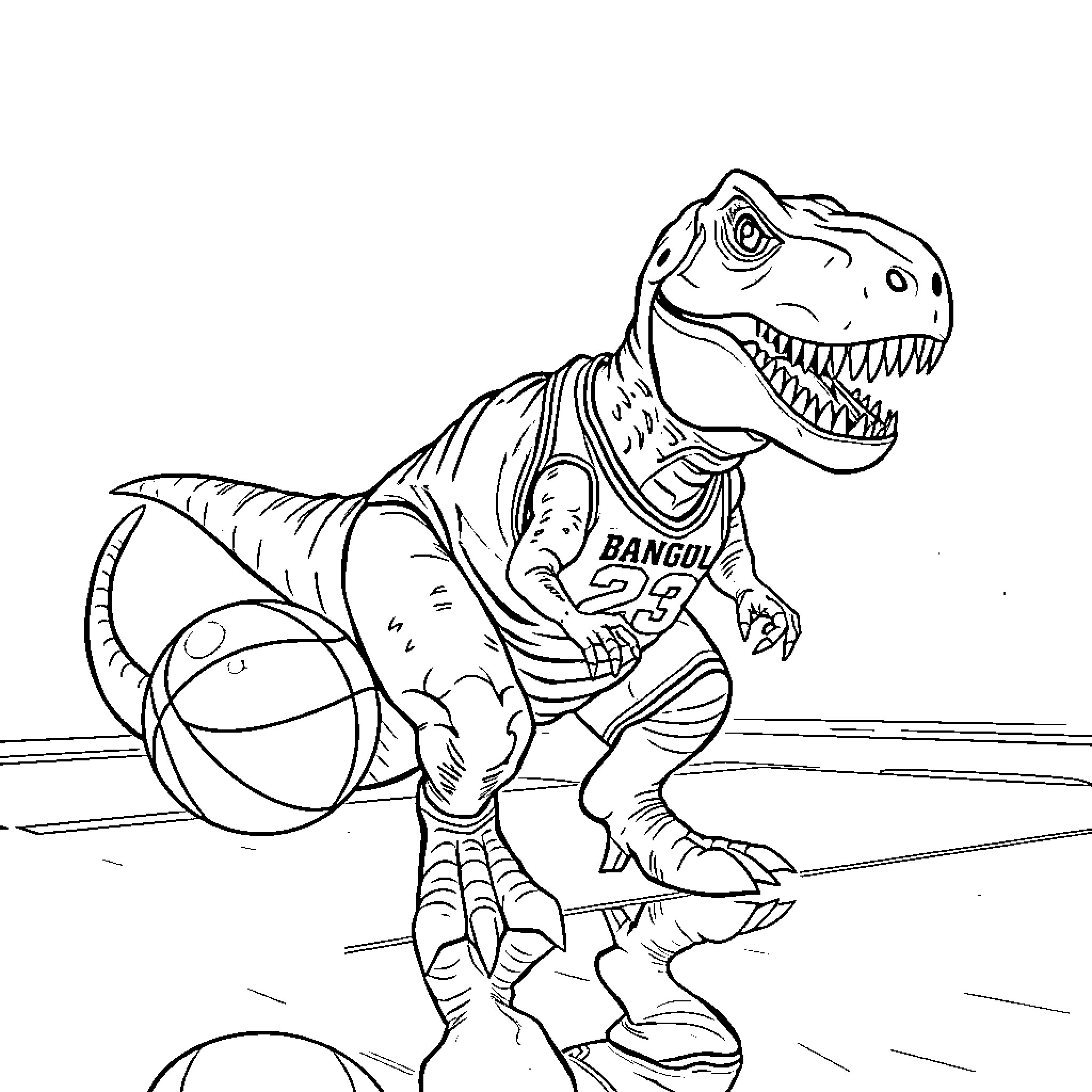 T-Rex playing basketball with basketballs Coloring Page (free black-and-white line drawing printable PDF for all, from beginners to advanced learners, including children, teens, adults, and seniors)