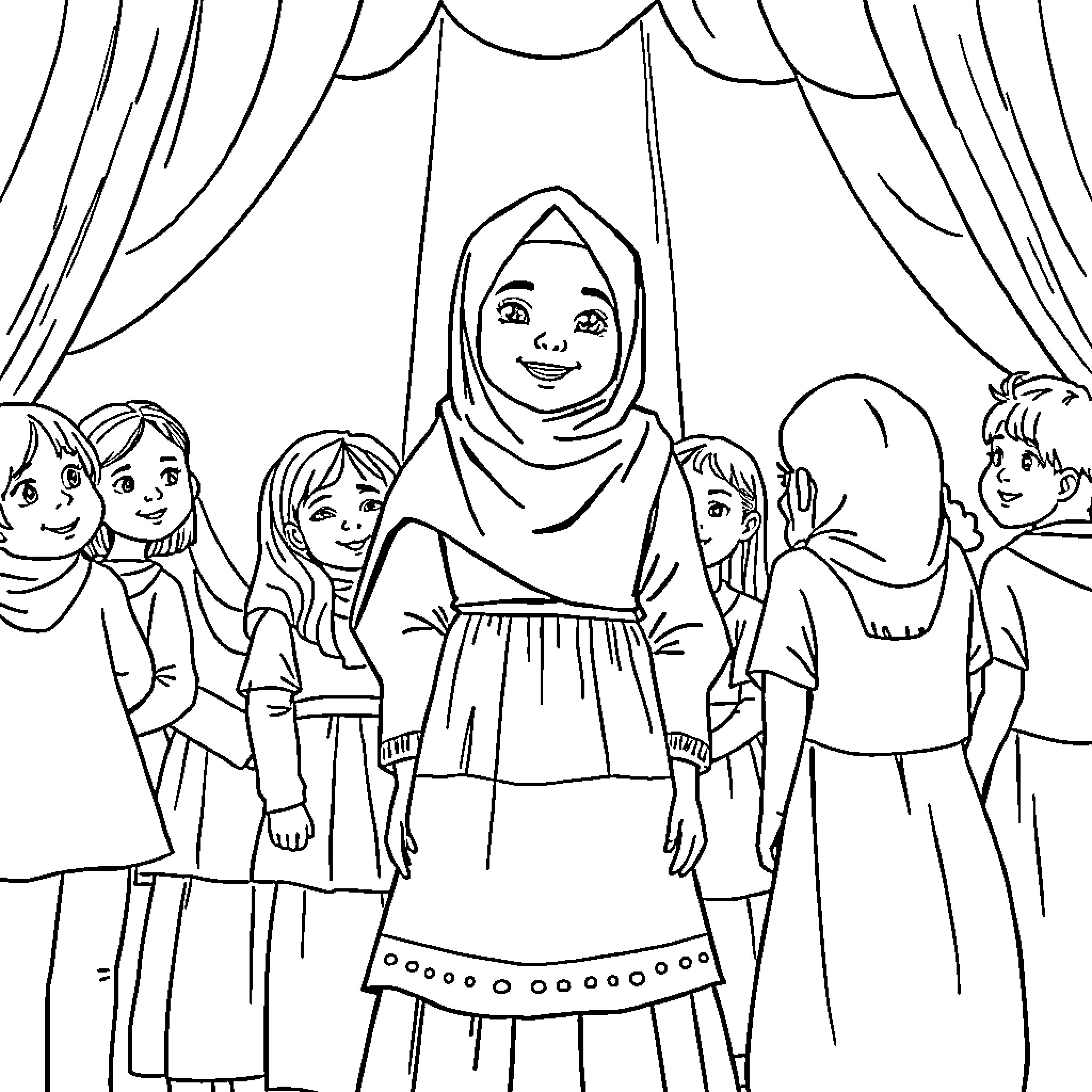 Girl smiling surrounded by her friends in a group Coloring Page (free black-and-white line drawing printable PDF for all, from beginners to advanced learners, including children, teens, adults, and seniors)