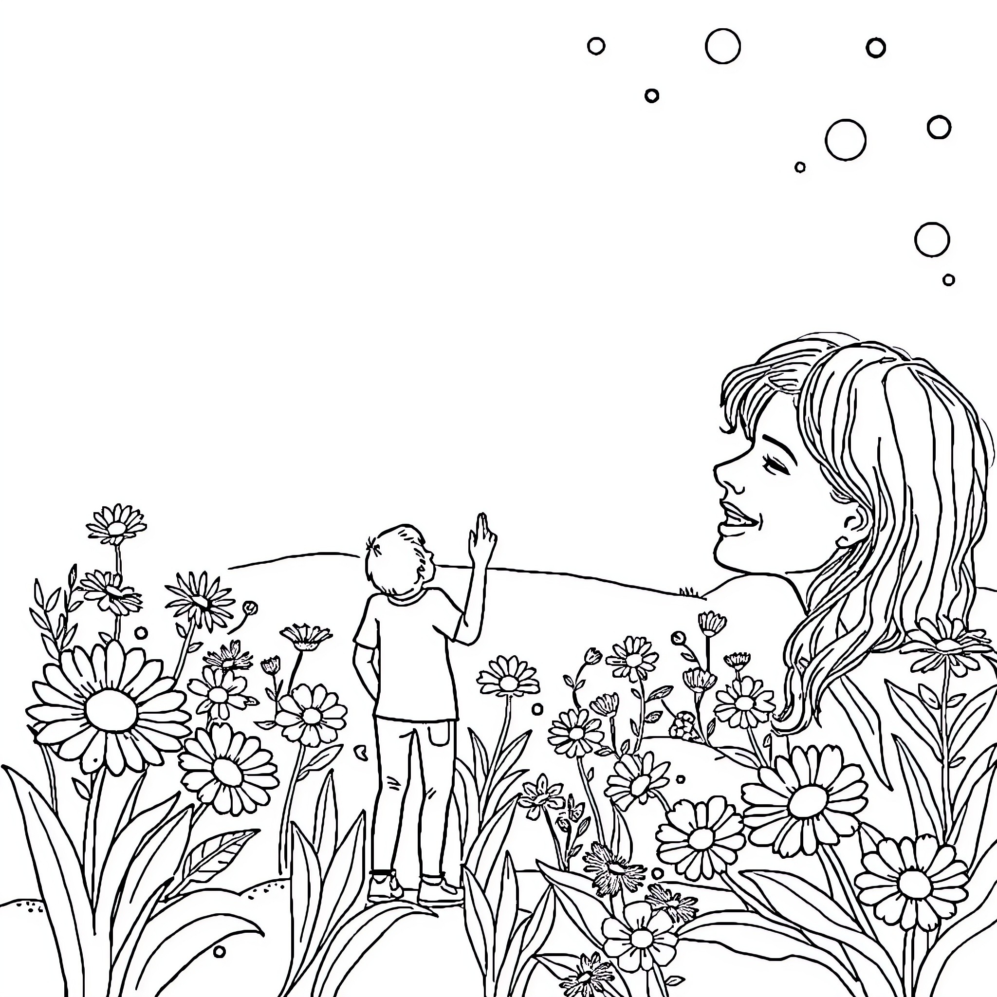 Life in a Flourishing Garden Coloring Page (free black-and-white line drawing printable PDF for all, from beginners to advanced learners, including children, teens, adults, and seniors)