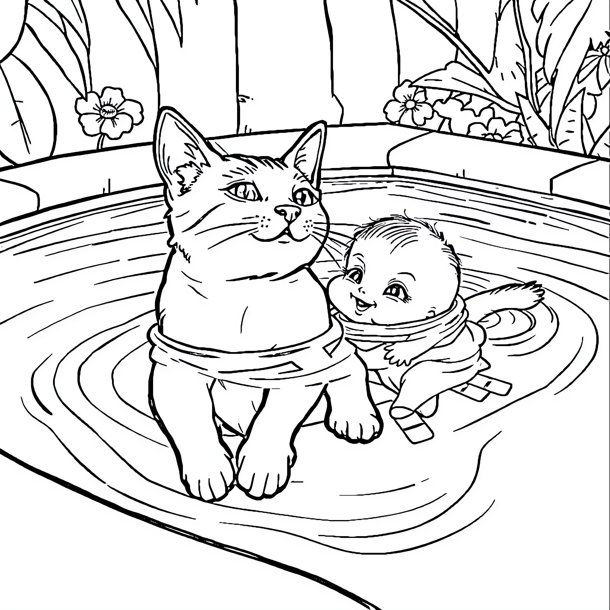 Gato enjoying a swim with a baby Coloring Page (free black-and-white line drawing printable PDF for all, from beginners to advanced learners, including children, teens, adults, and seniors)