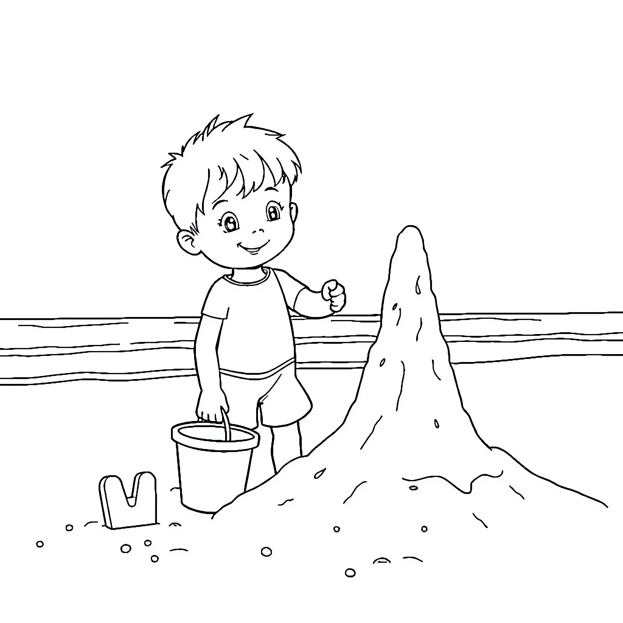 Boy Building a Sandcastle on the Beach Coloring Page (free black-and-white line drawing printable PDF for all, from beginners to advanced learners, including children, teens, adults, and seniors)