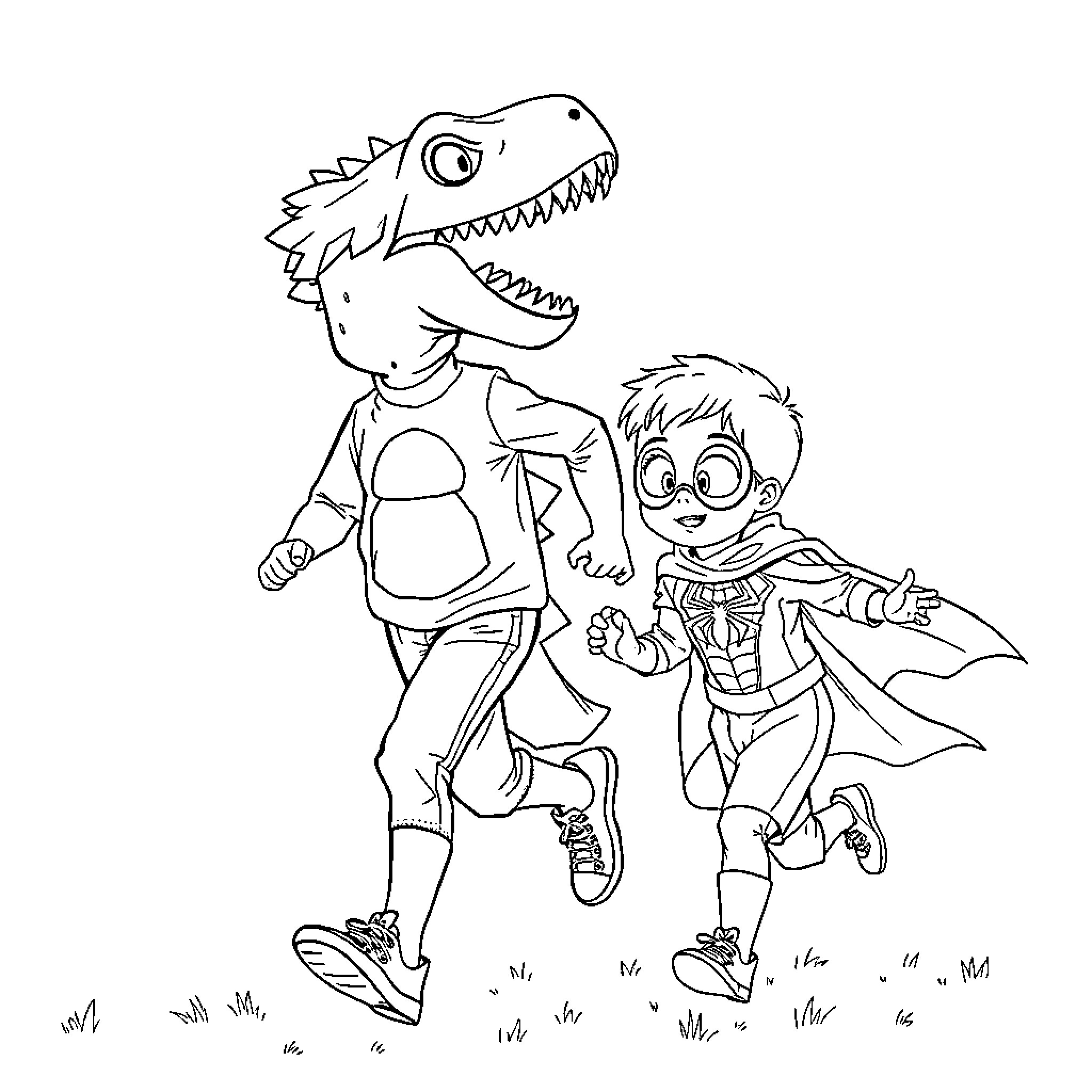 Dinosaur costume pair running playfully Coloring Page (free black-and-white line drawing printable PDF for all, from beginners to advanced learners, including children, teens, adults, and seniors)