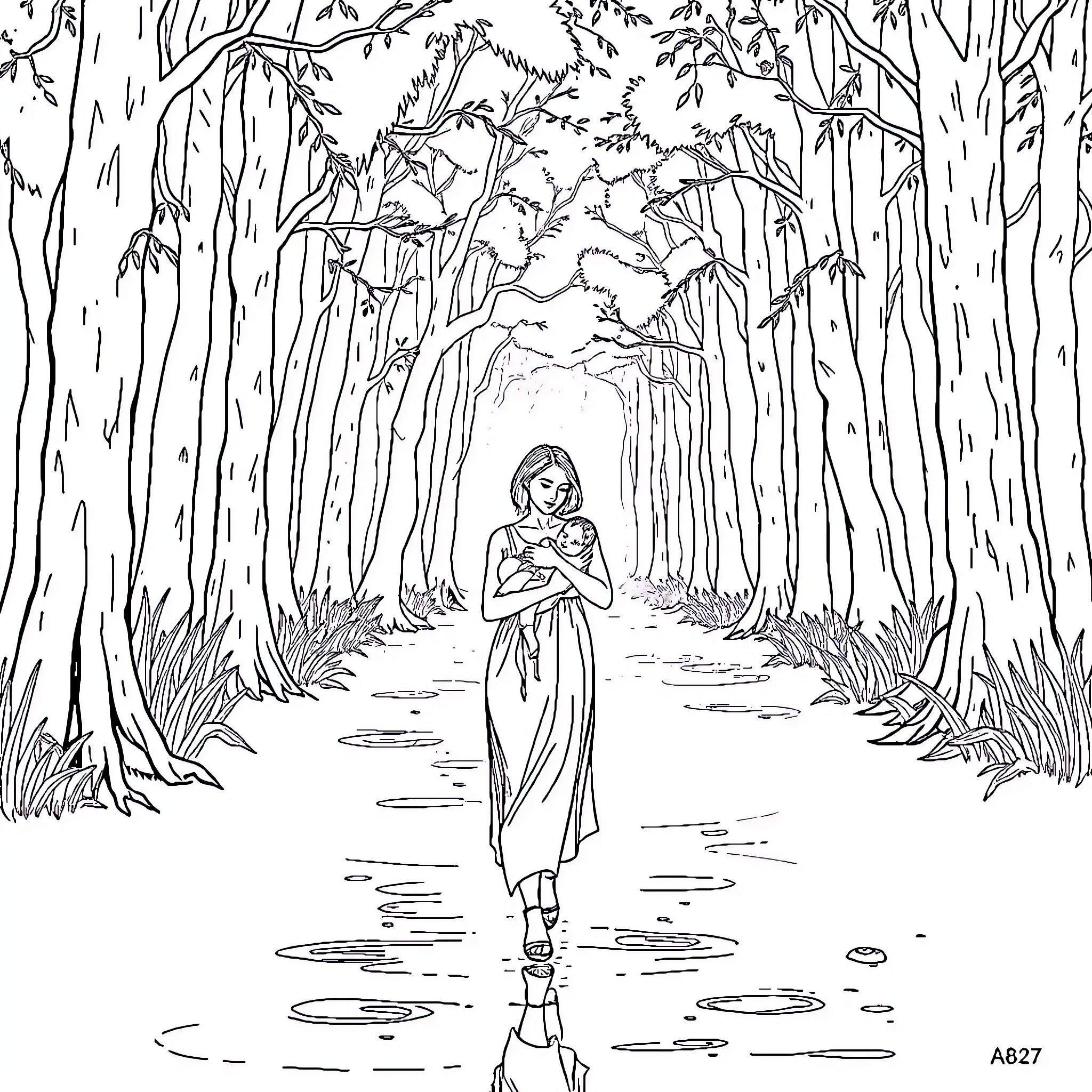 Woman walking alone in a serene forest Coloring Page (free black-and-white line drawing printable PDF for all, from beginners to advanced learners, including children, teens, adults, and seniors)