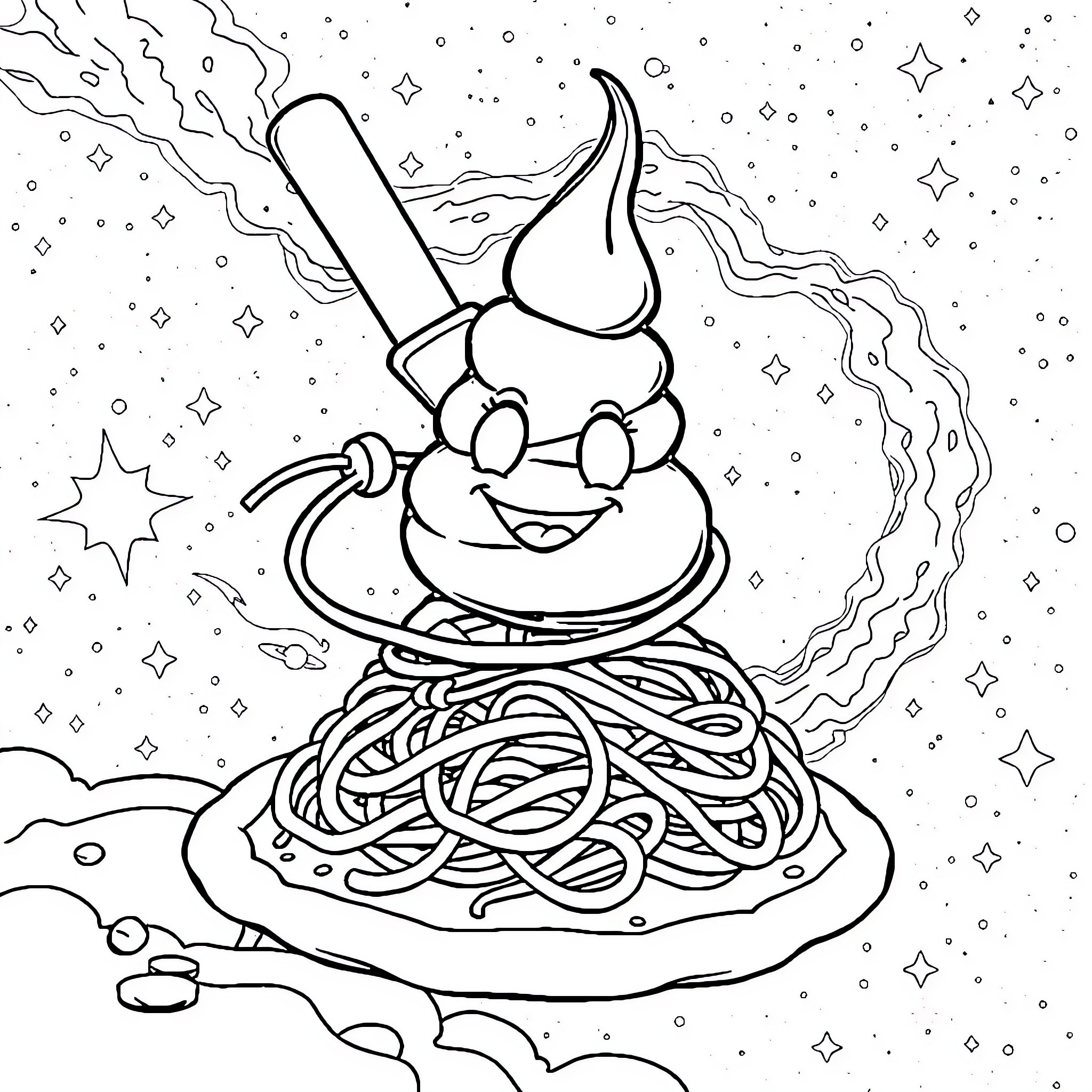 Ice Cream Spaghetti with Cosmic Starry Swirls Coloring Page (free black-and-white line drawing printable PDF for all, from beginners to advanced learners, including children, teens, adults, and seniors)