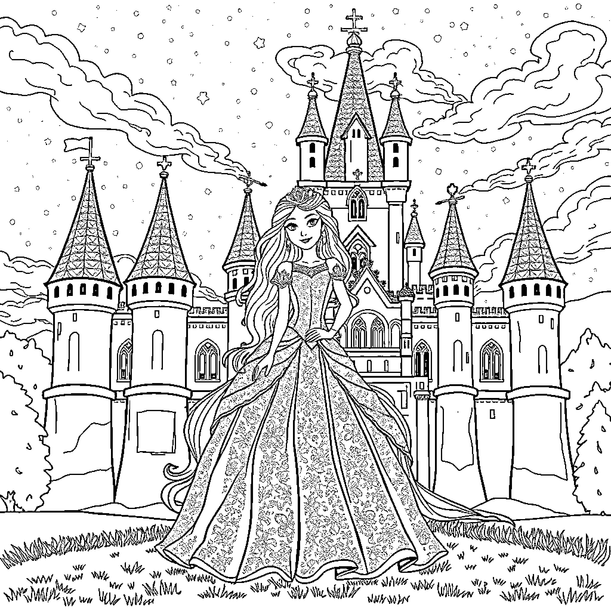 Princess in a Magnificent Castle under Starry Skies Coloring Page (free black-and-white line drawing printable PDF for all, from beginners to advanced learners, including children, teens, adults, and seniors)