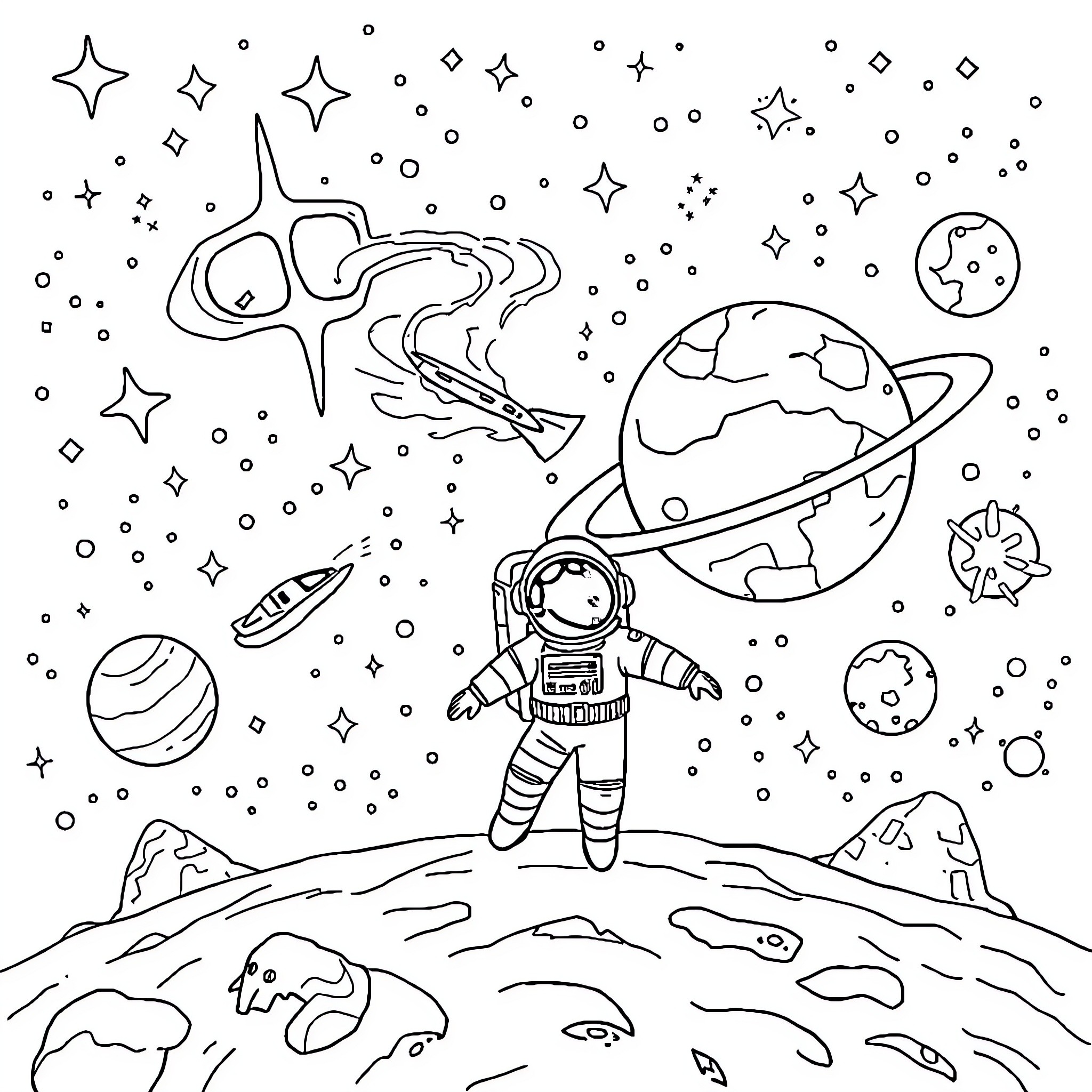 Space exploration adventure in the galaxy Coloring Page (free black-and-white line drawing printable PDF for all, from beginners to advanced learners, including children, teens, adults, and seniors)