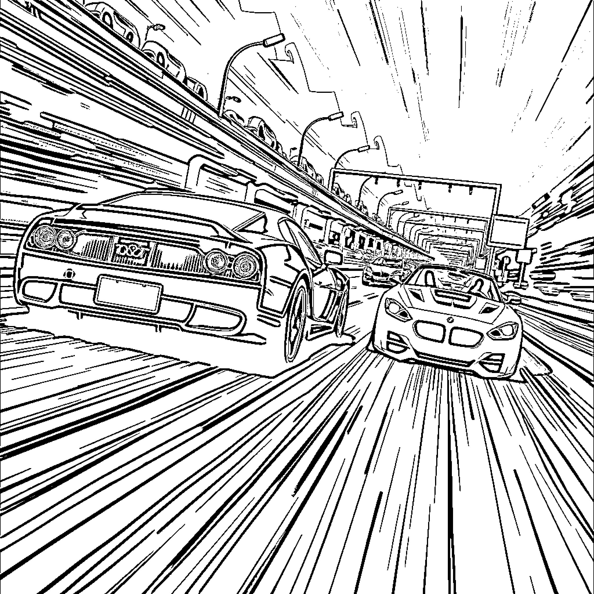 Car racing through the city at high speed Coloring Page (free black-and-white line drawing printable PDF for all, from beginners to advanced learners, including children, teens, adults, and seniors)