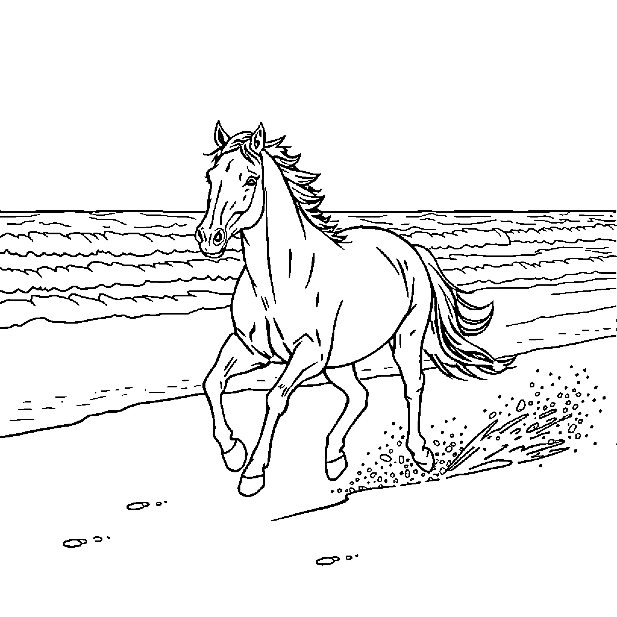 Horse galloping along the beach Coloring Page (free black-and-white line drawing printable PDF for all, from beginners to advanced learners, including children, teens, adults, and seniors)