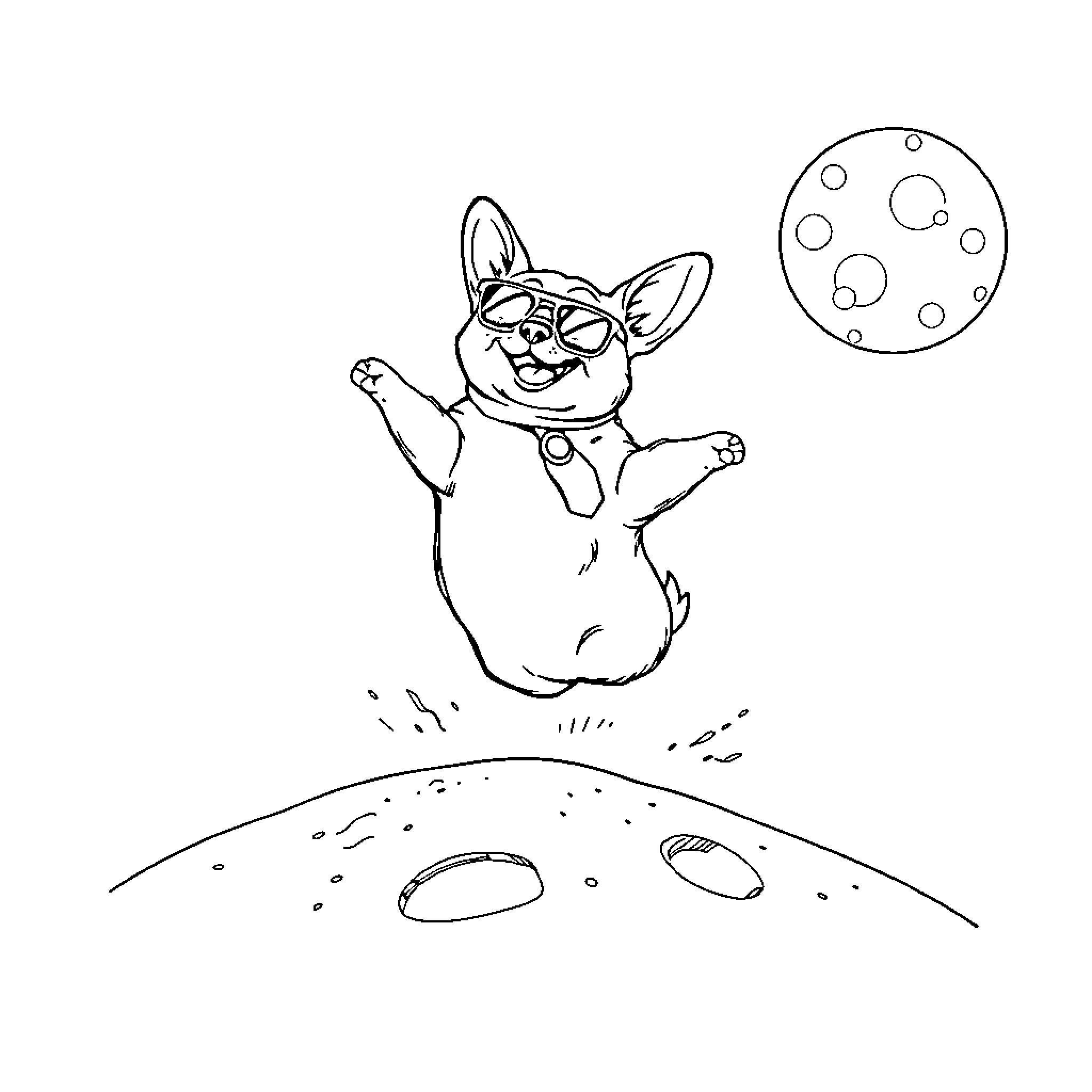 Corgi bouncing joyfully on the moon Coloring Page (free black-and-white line drawing printable PDF for all, from beginners to advanced learners, including children, teens, adults, and seniors)