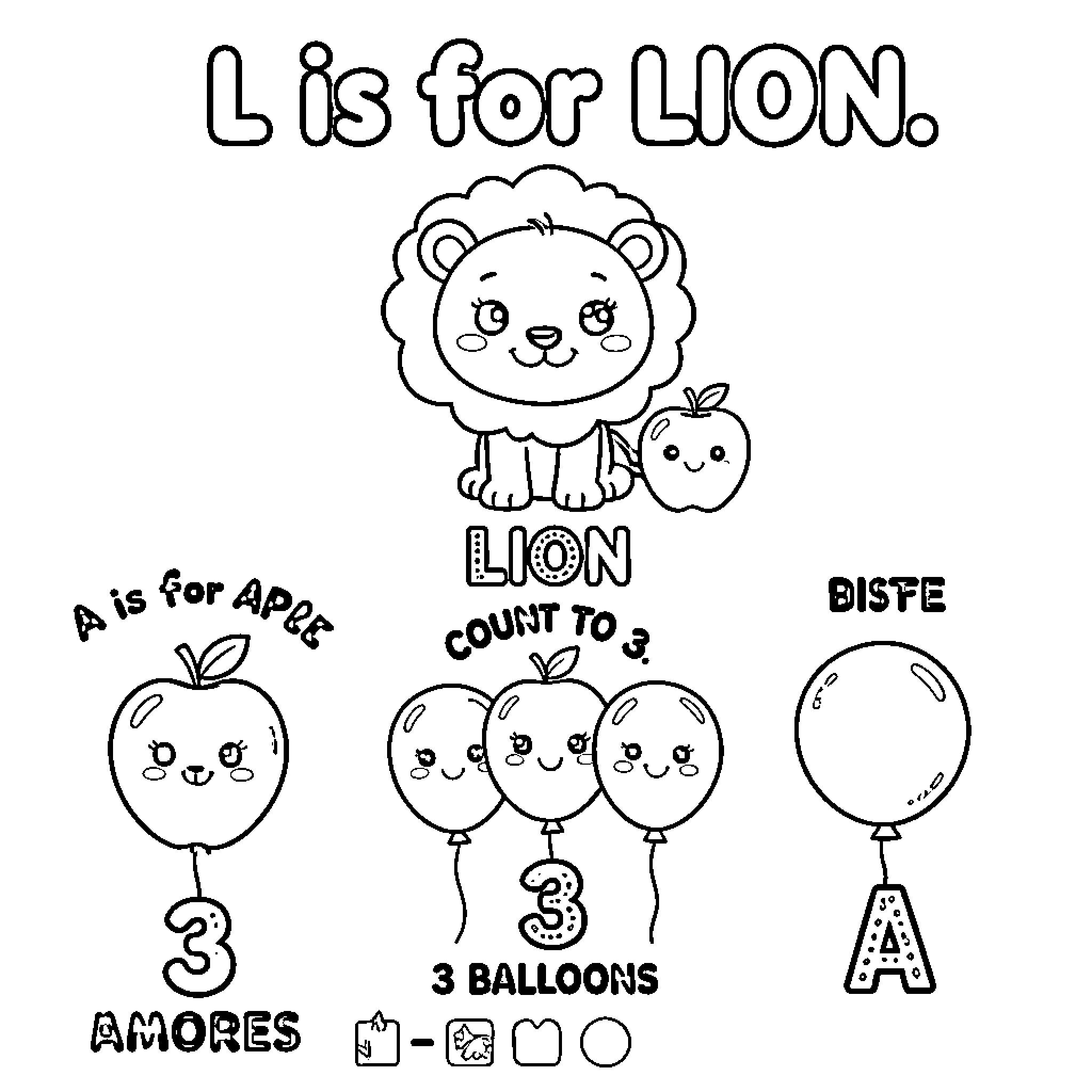 Learning alphabet with a lion and apples Coloring Page (free black-and-white line drawing printable PDF for all, from beginners to advanced learners, including children, teens, adults, and seniors)