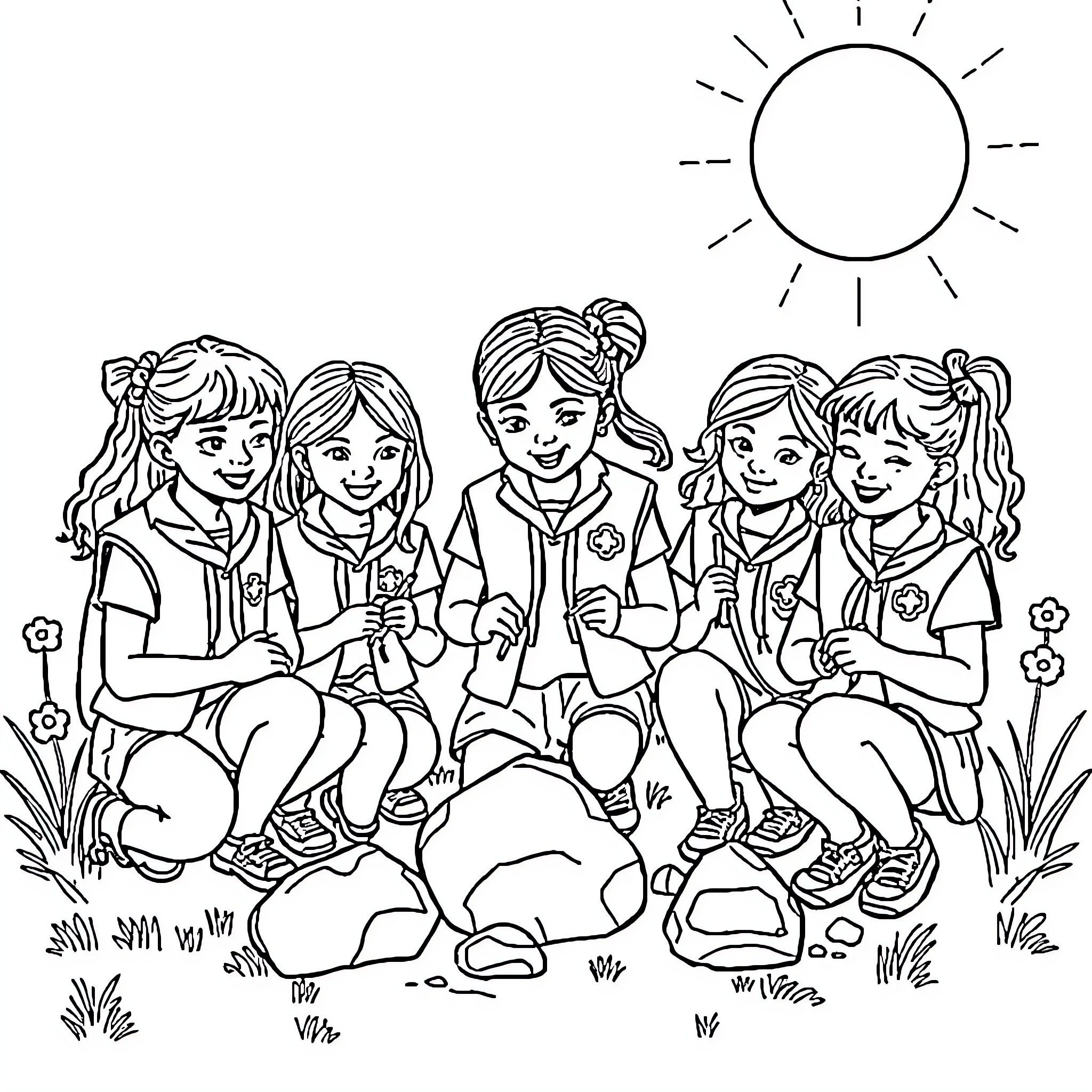 Girl Scout Troop Enjoying Outdoor Adventure Coloring Page (free black-and-white line drawing printable PDF for all, from beginners to advanced learners, including children, teens, adults, and seniors)
