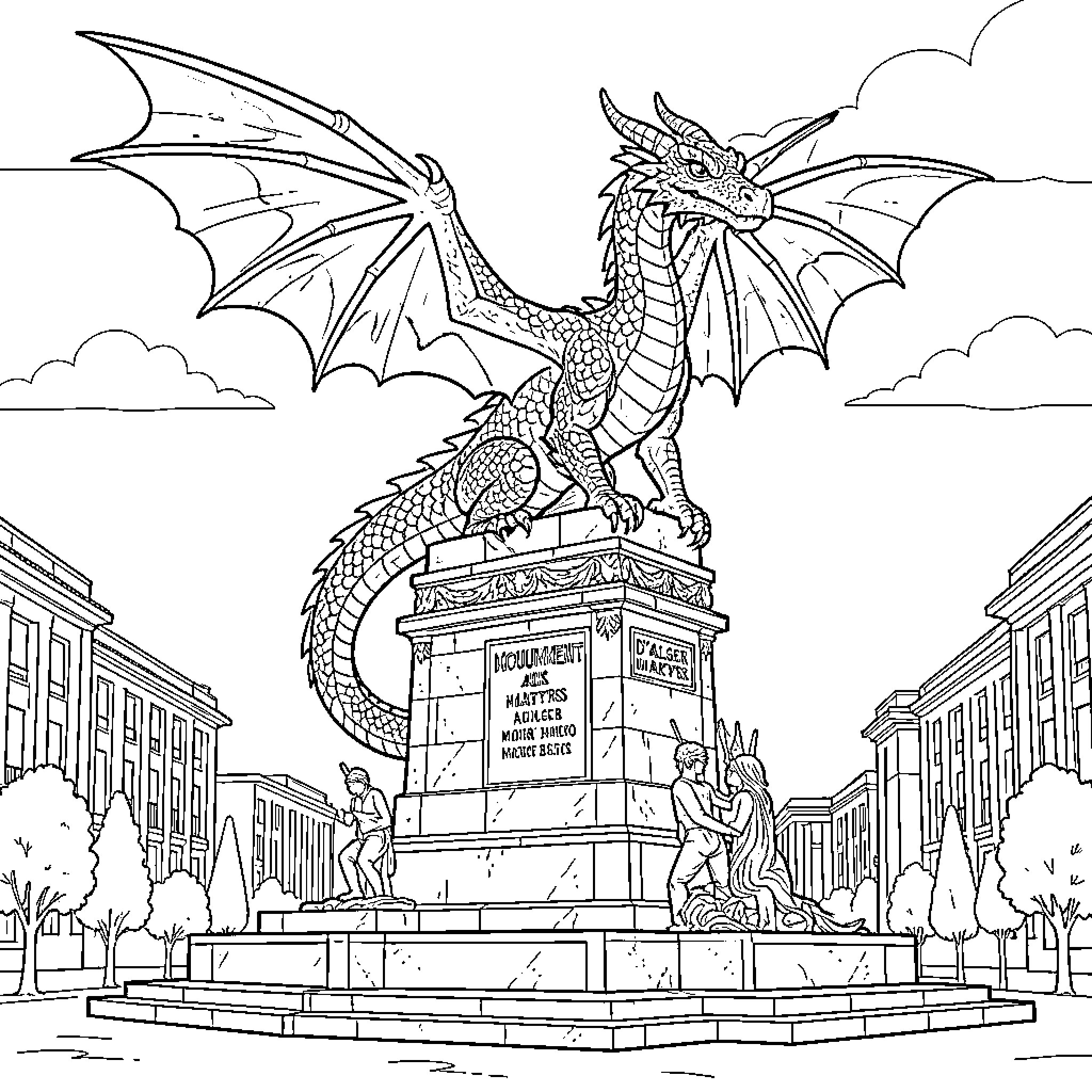 Dragon statue guarding a city square Coloring Page (free black-and-white line drawing printable PDF for all, from beginners to advanced learners, including children, teens, adults, and seniors)