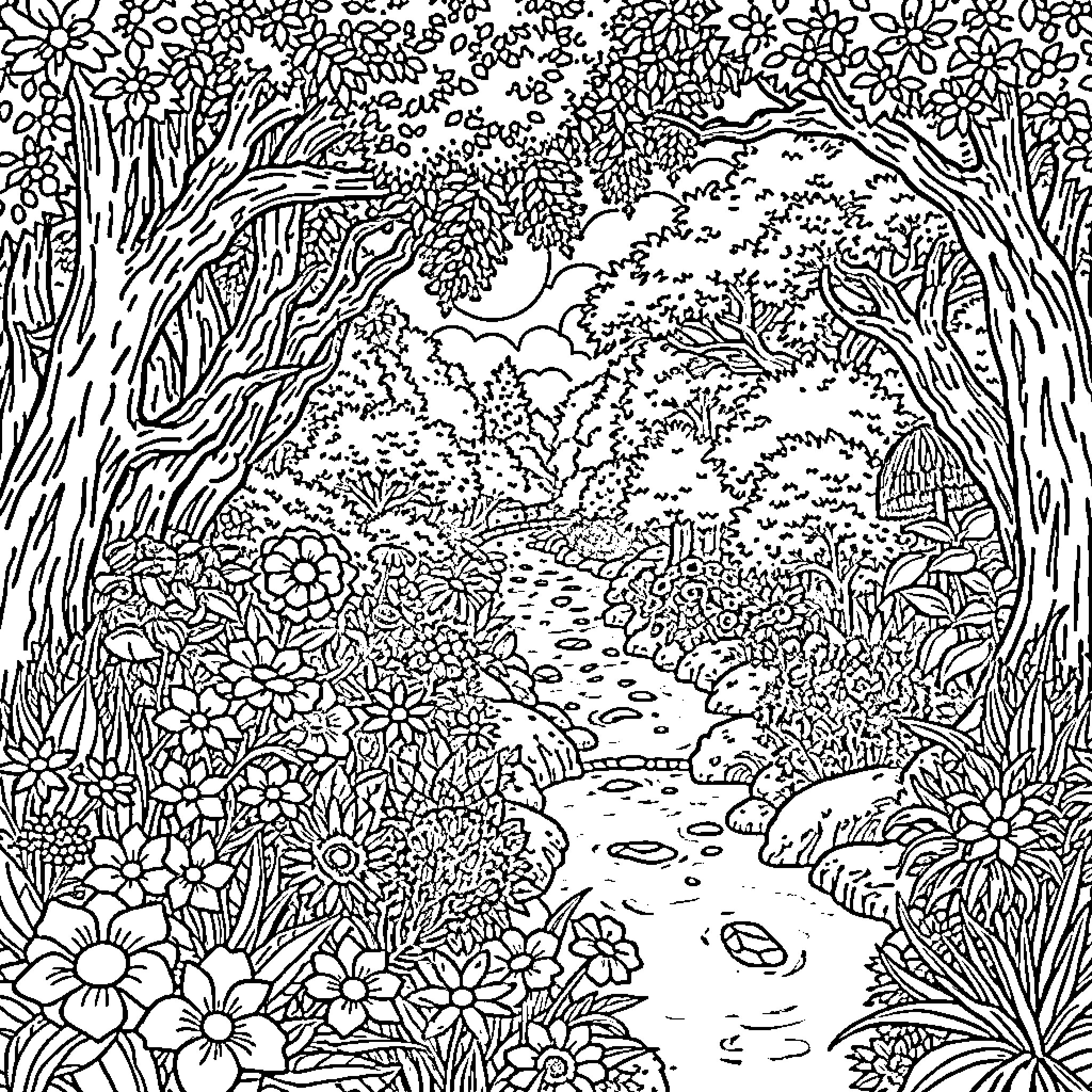 Garden of Whimsical Flowers and Foliage Coloring Page (free black-and-white line drawing printable PDF for all, from beginners to advanced learners, including children, teens, adults, and seniors)