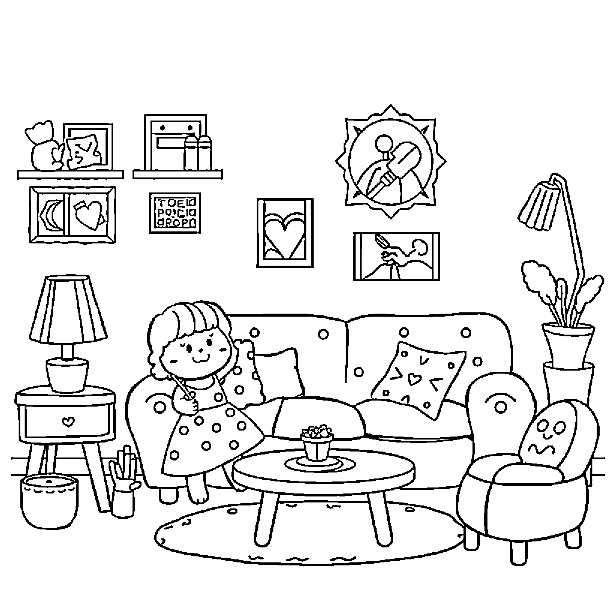 Toca Boca: Cheerful Characters in Cozy Living Room Coloring Page (free black-and-white line drawing printable PDF for all, from beginners to advanced learners, including children, teens, adults, and seniors)