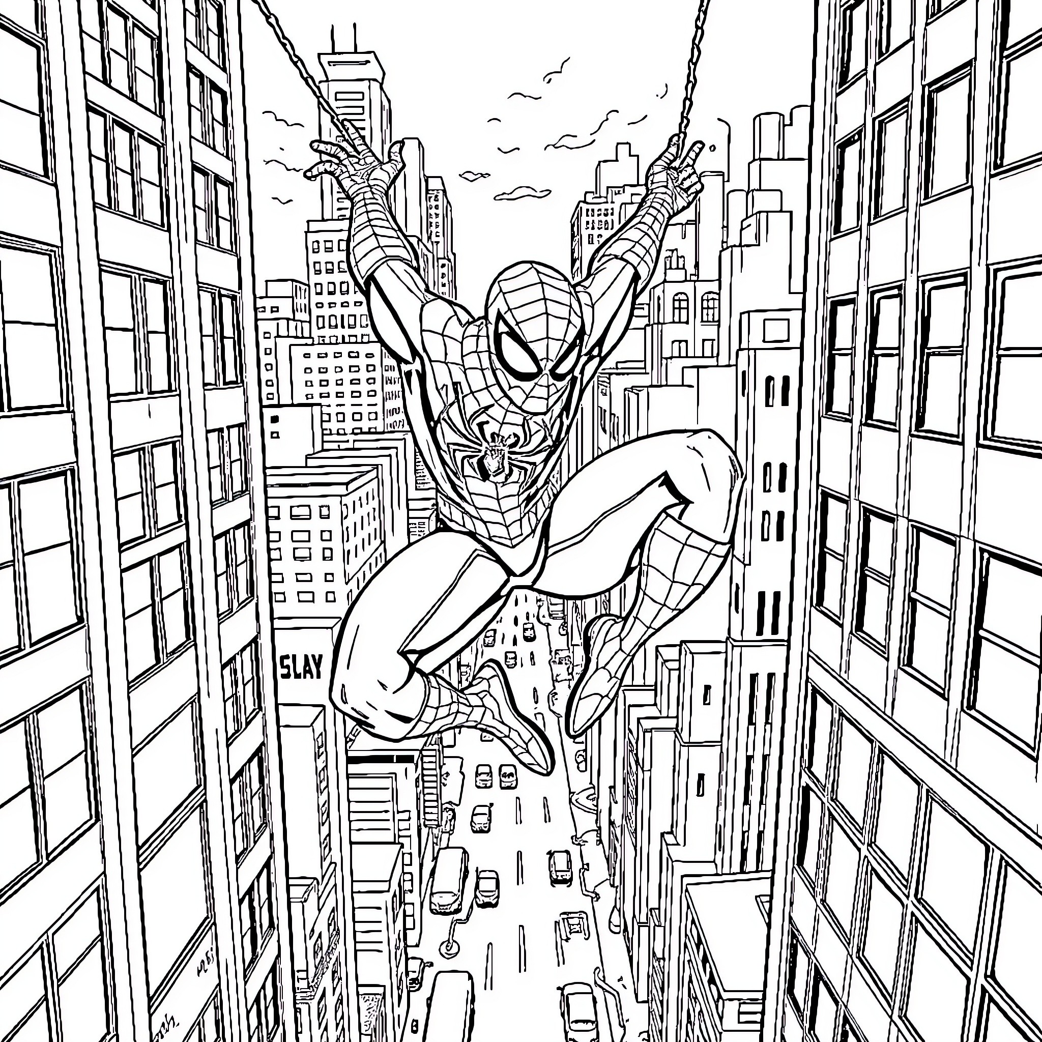 Spiderman swinging through the city skyscrapers Coloring Page (free black-and-white line drawing printable PDF for all, from beginners to advanced learners, including children, teens, adults, and seniors)