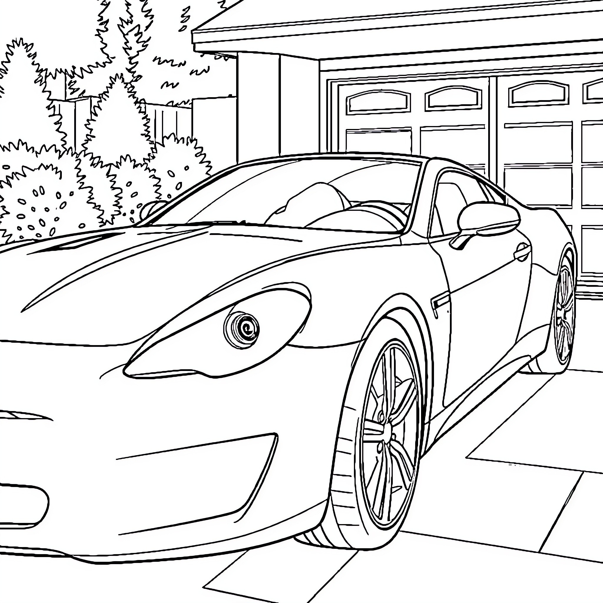 Car parked in front of garage with foliage Coloring Page (free black-and-white line drawing printable PDF for all, from beginners to advanced learners, including children, teens, adults, and seniors)