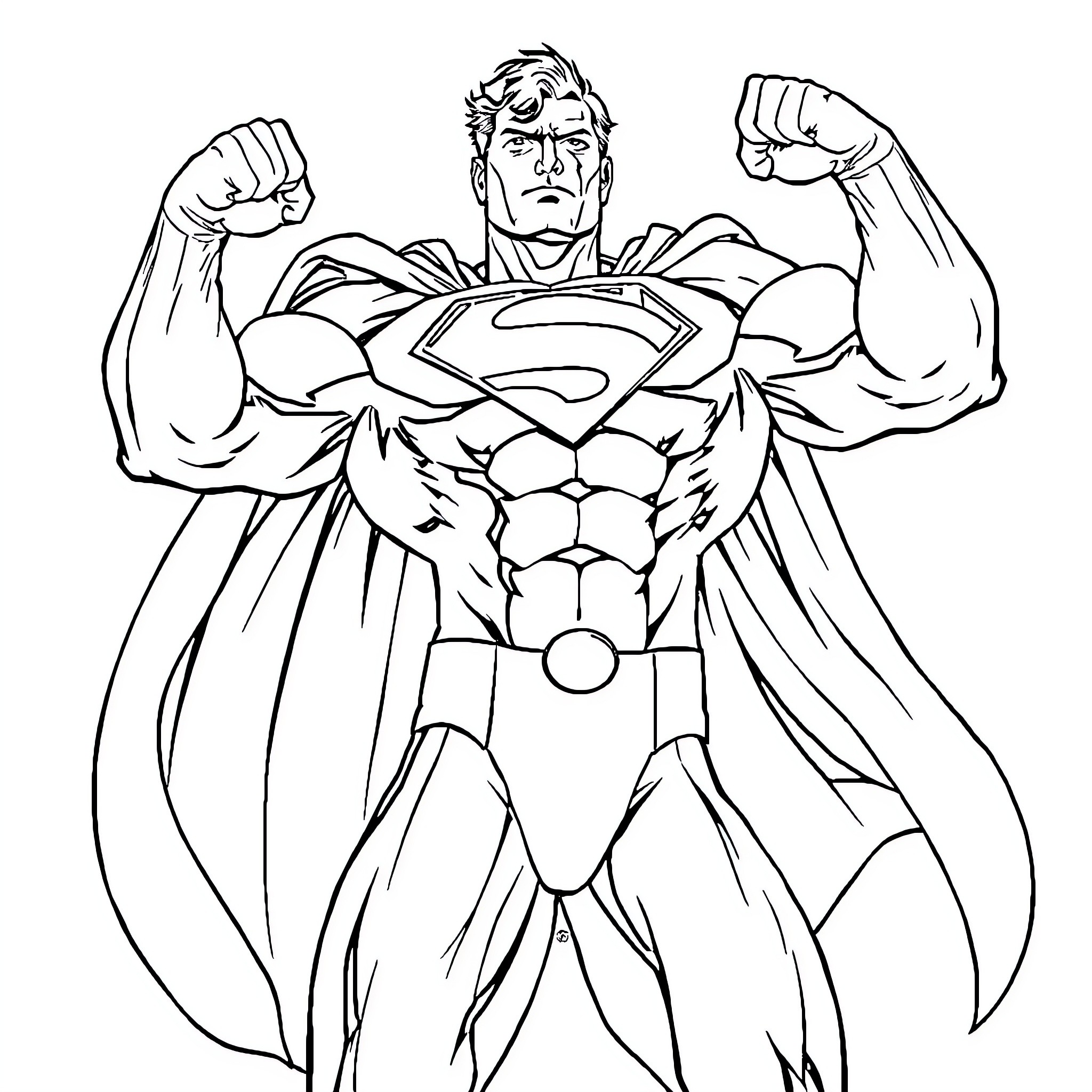 Superman flexing with muscular physique and heroic pose Coloring Page (free black-and-white line drawing printable PDF for all, from beginners to advanced learners, including children, teens, adults, and seniors)
