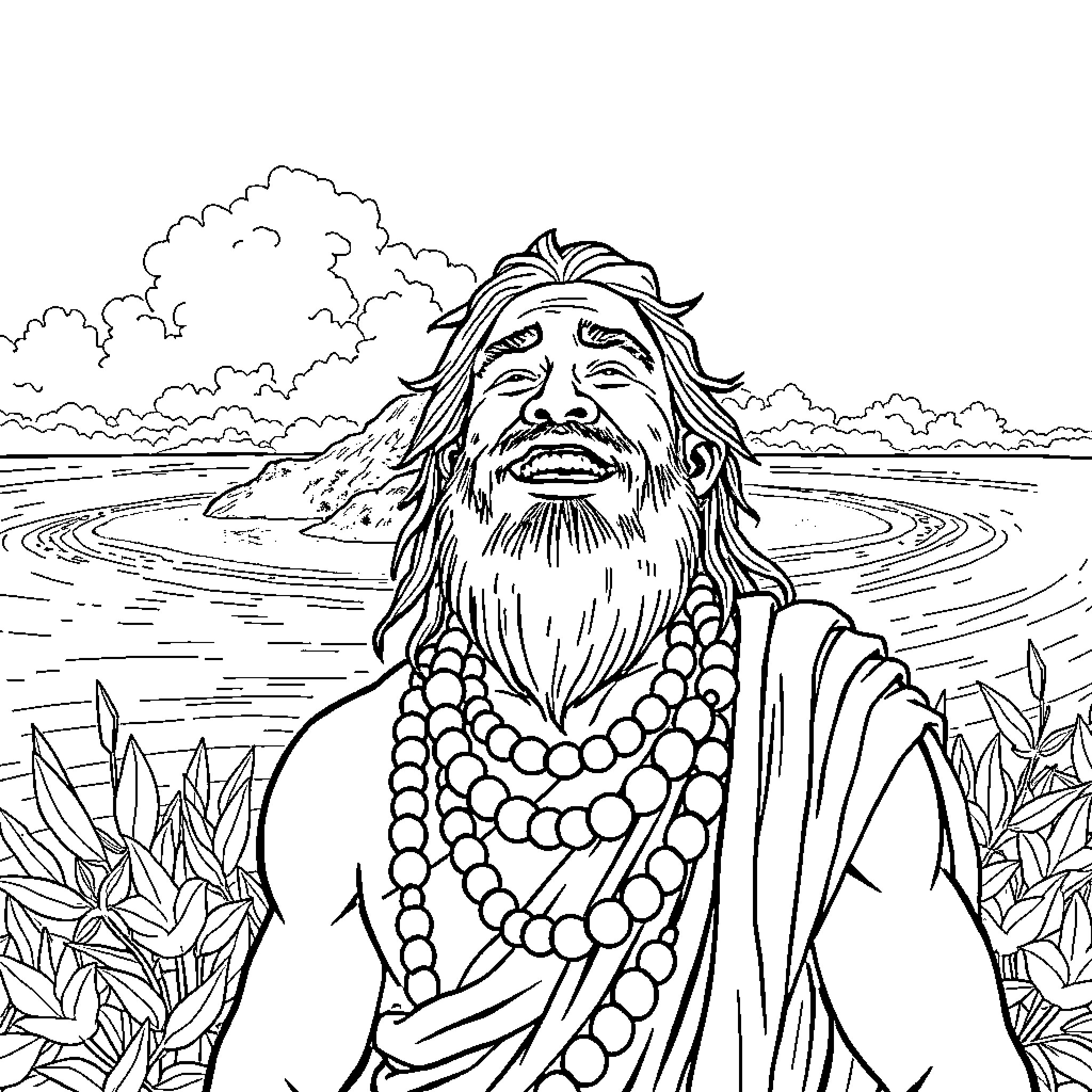 Homme with long beard and robes in natural setting Coloring Page (free black-and-white line drawing printable PDF for all, from beginners to advanced learners, including children, teens, adults, and seniors)
