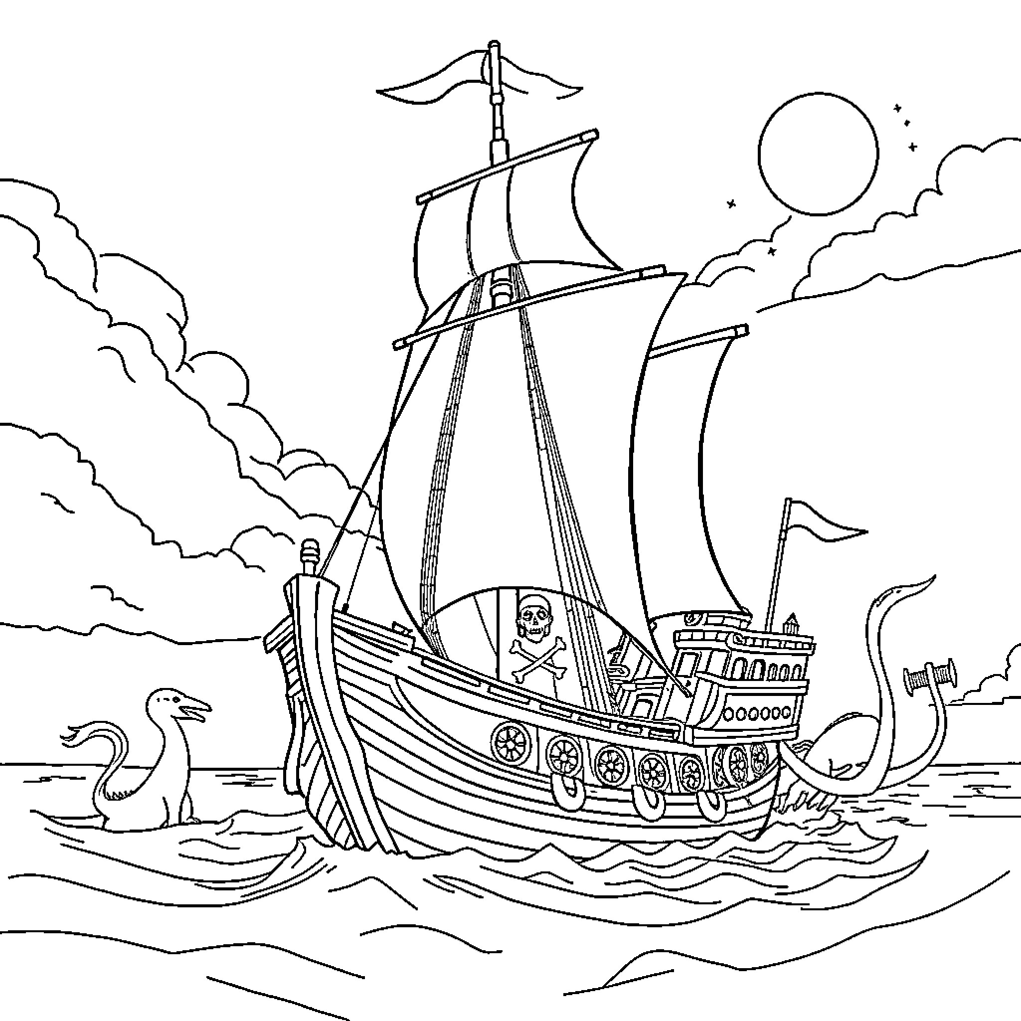 Pirate Ship Sailing on High Seas with Crew Coloring Page (free black-and-white line drawing printable PDF for all, from beginners to advanced learners, including children, teens, adults, and seniors)