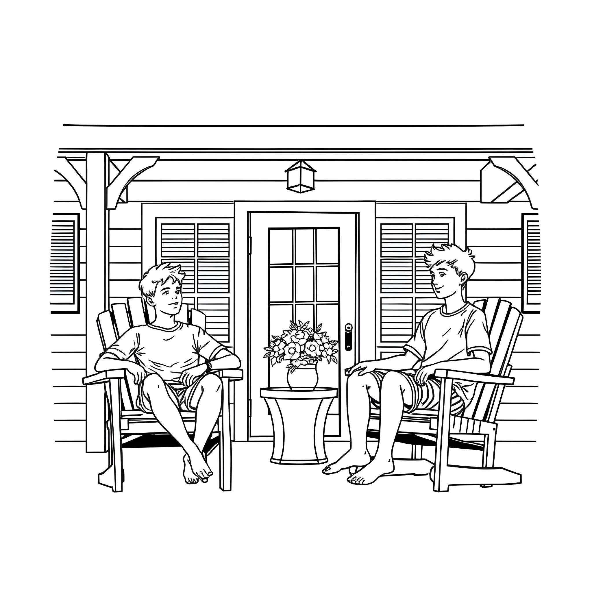 Teen Guys Relaxing on Front Porch Coloring Page (free black-and-white line drawing printable PDF for all, from beginners to advanced learners, including children, teens, adults, and seniors)