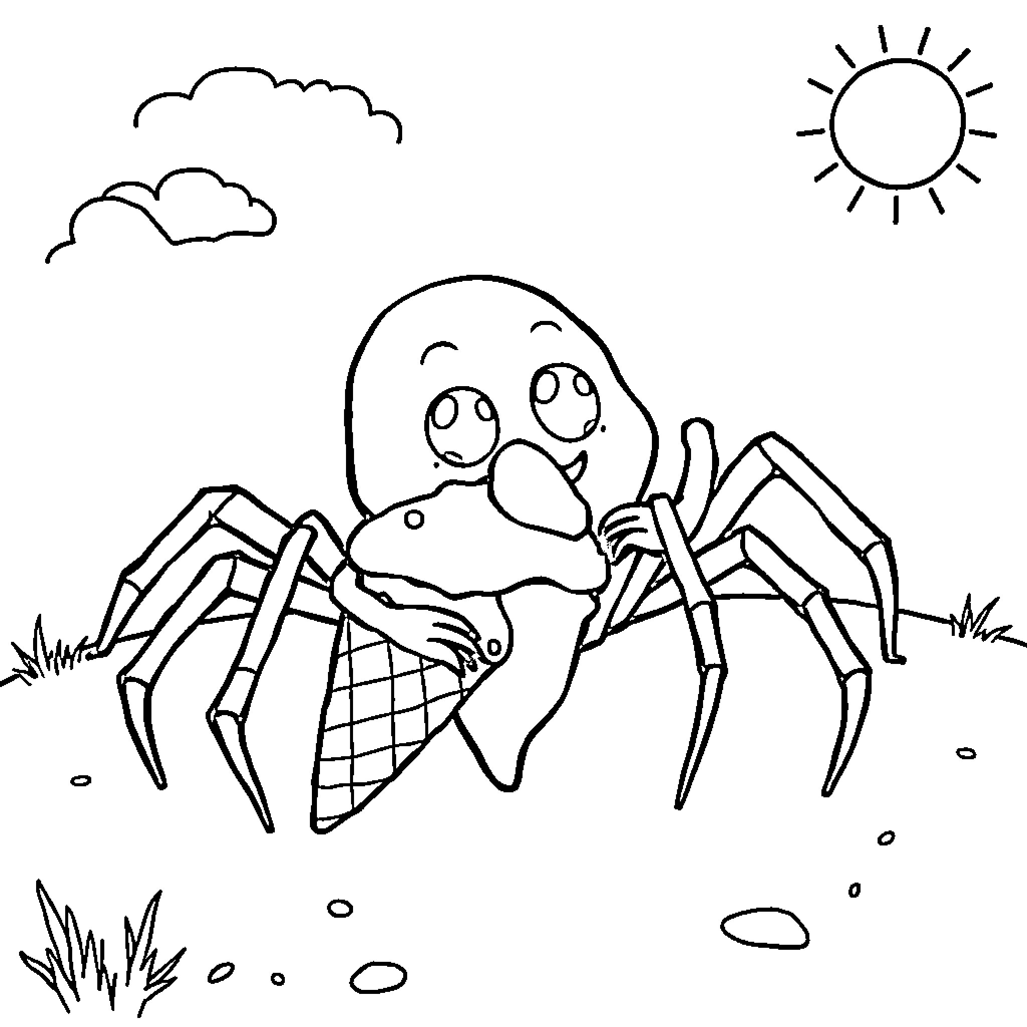 Ghost Spider exploring the outdoors Coloring Page (free black-and-white line drawing printable PDF for all, from beginners to advanced learners, including children, teens, adults, and seniors)