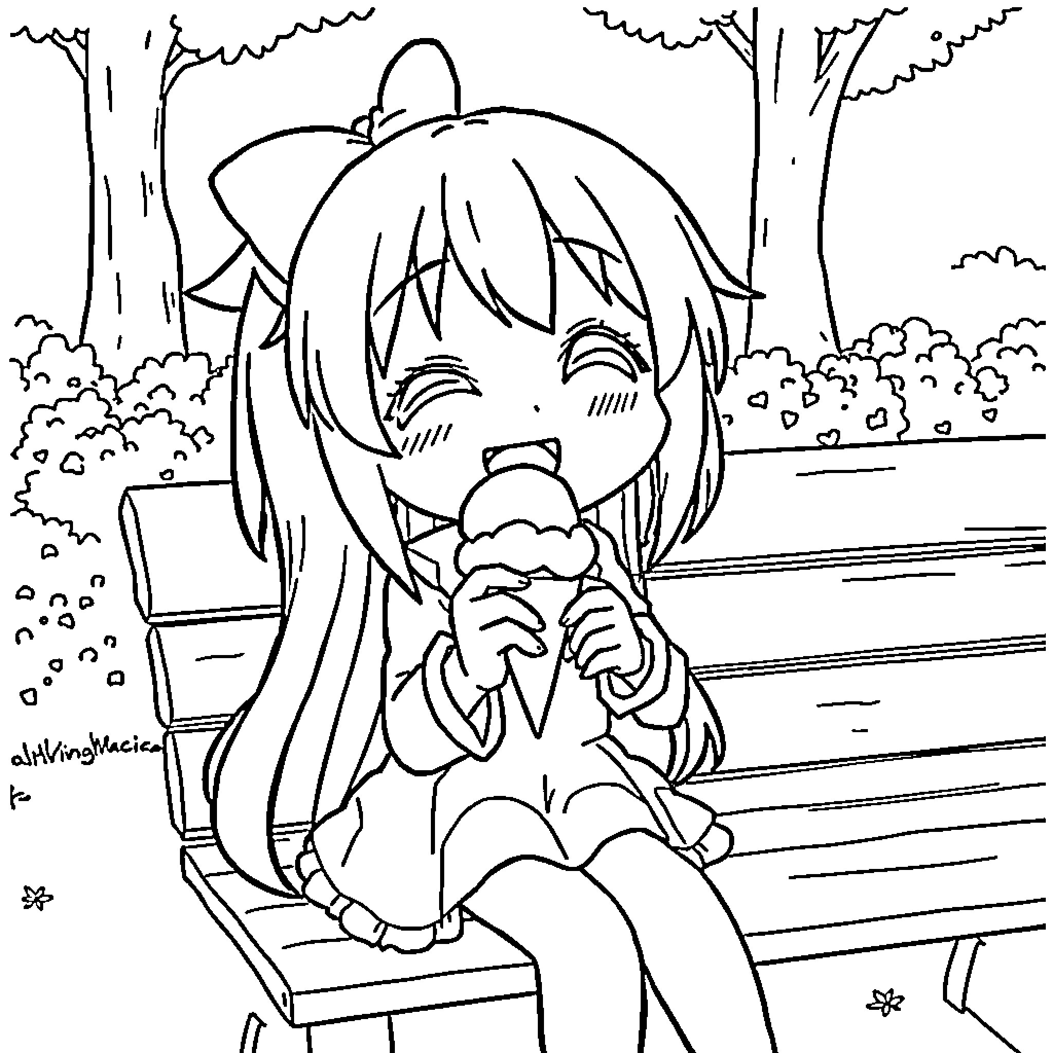 Kuromi enjoying a sweet treat outdoors Coloring Page (free black-and-white line drawing printable PDF for all, from beginners to advanced learners, including children, teens, adults, and seniors)