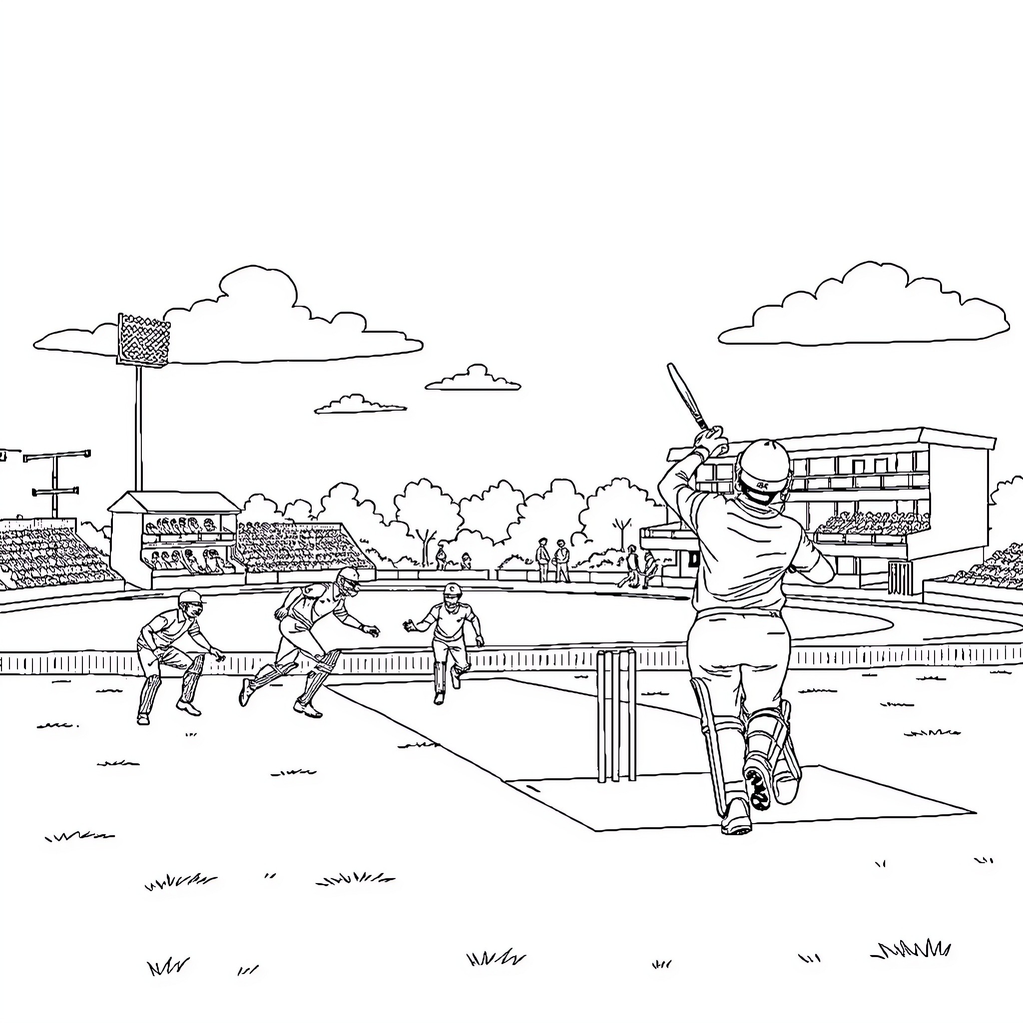 Cricket Match on the Field with Spectators Coloring Page (free black-and-white line drawing printable PDF for all, from beginners to advanced learners, including children, teens, adults, and seniors)