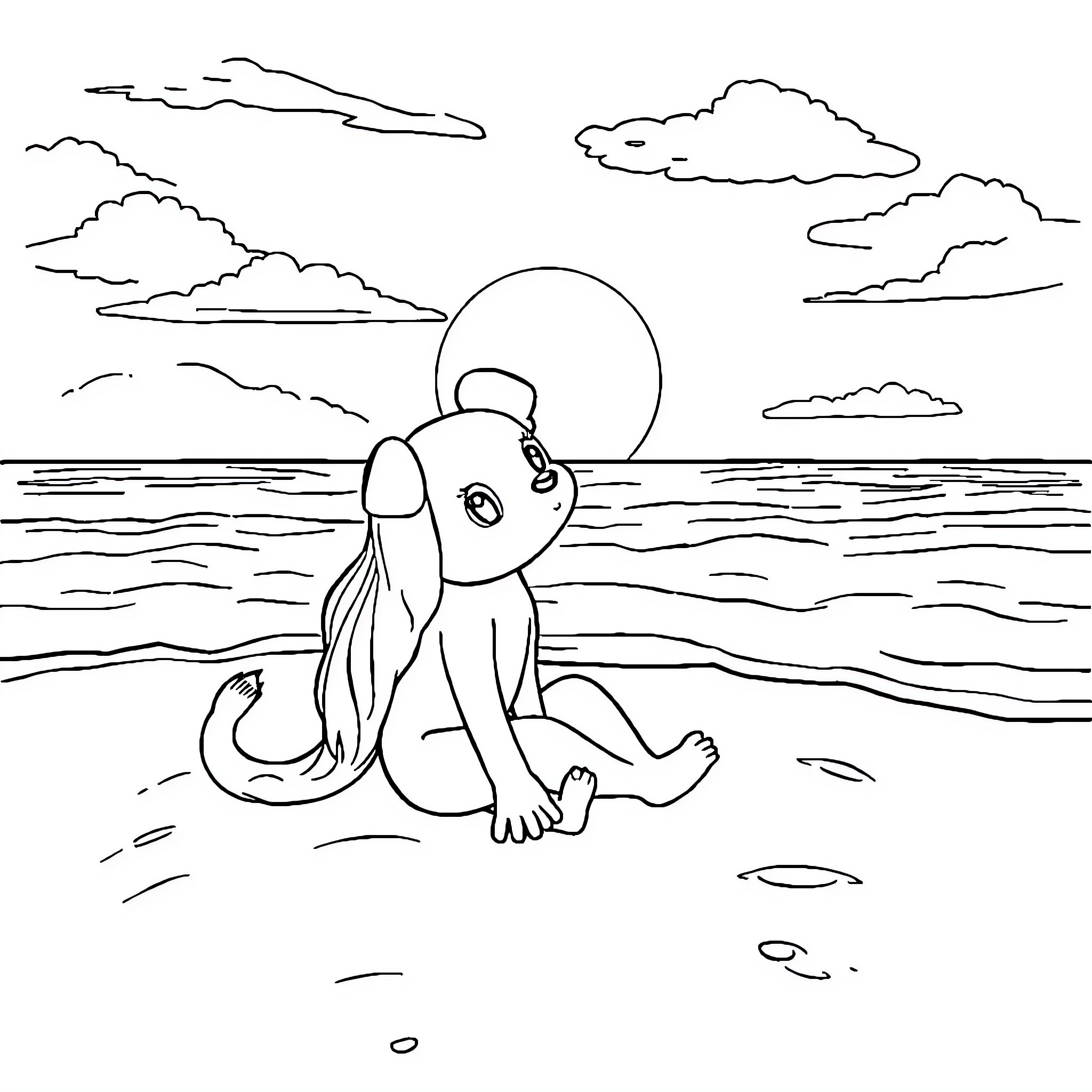 Tomie relaxing on the beach at sunset Coloring Page (free black-and-white line drawing printable PDF for all, from beginners to advanced learners, including children, teens, adults, and seniors)