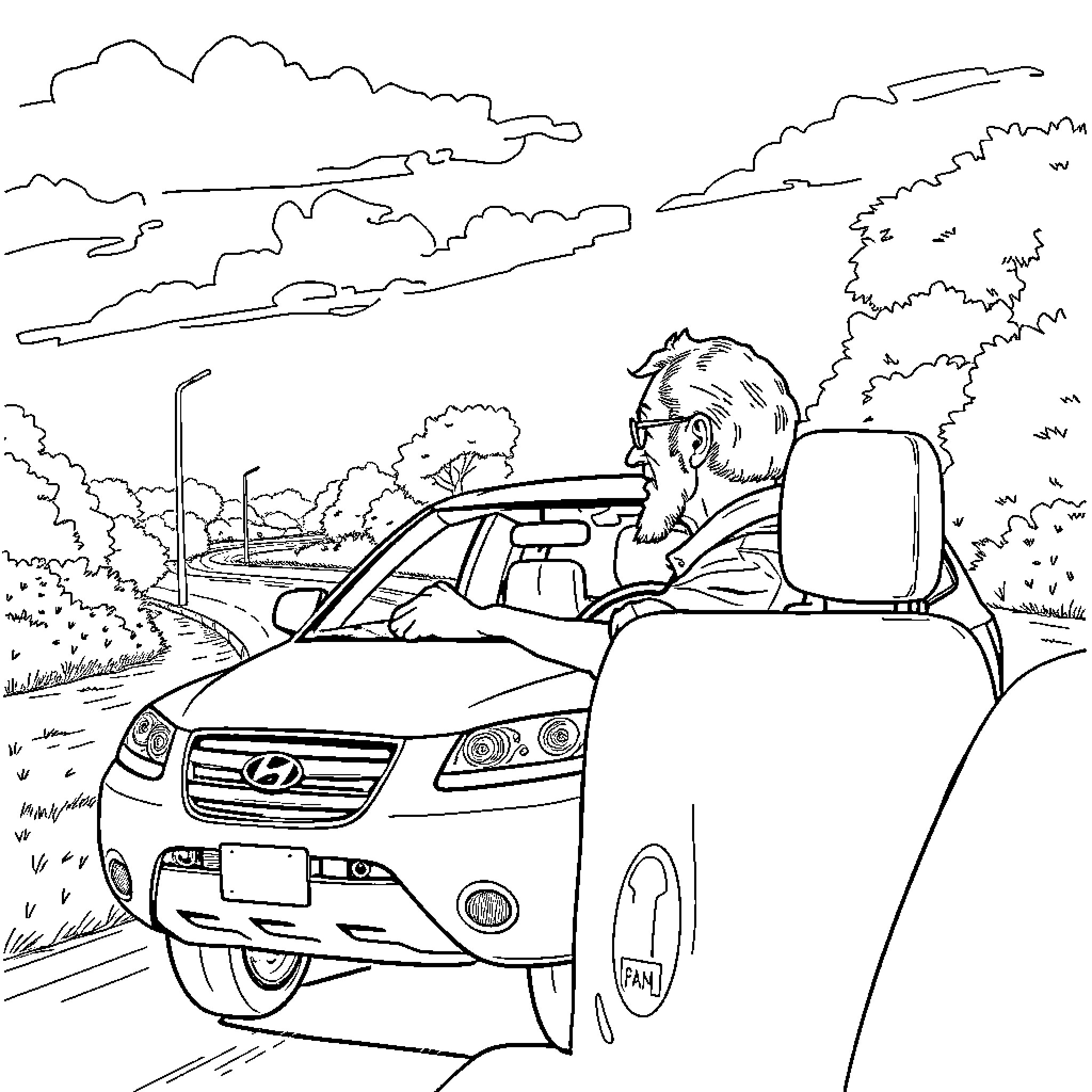 Man driving car on open road Coloring Page (free black-and-white line drawing printable PDF for all, from beginners to advanced learners, including children, teens, adults, and seniors)