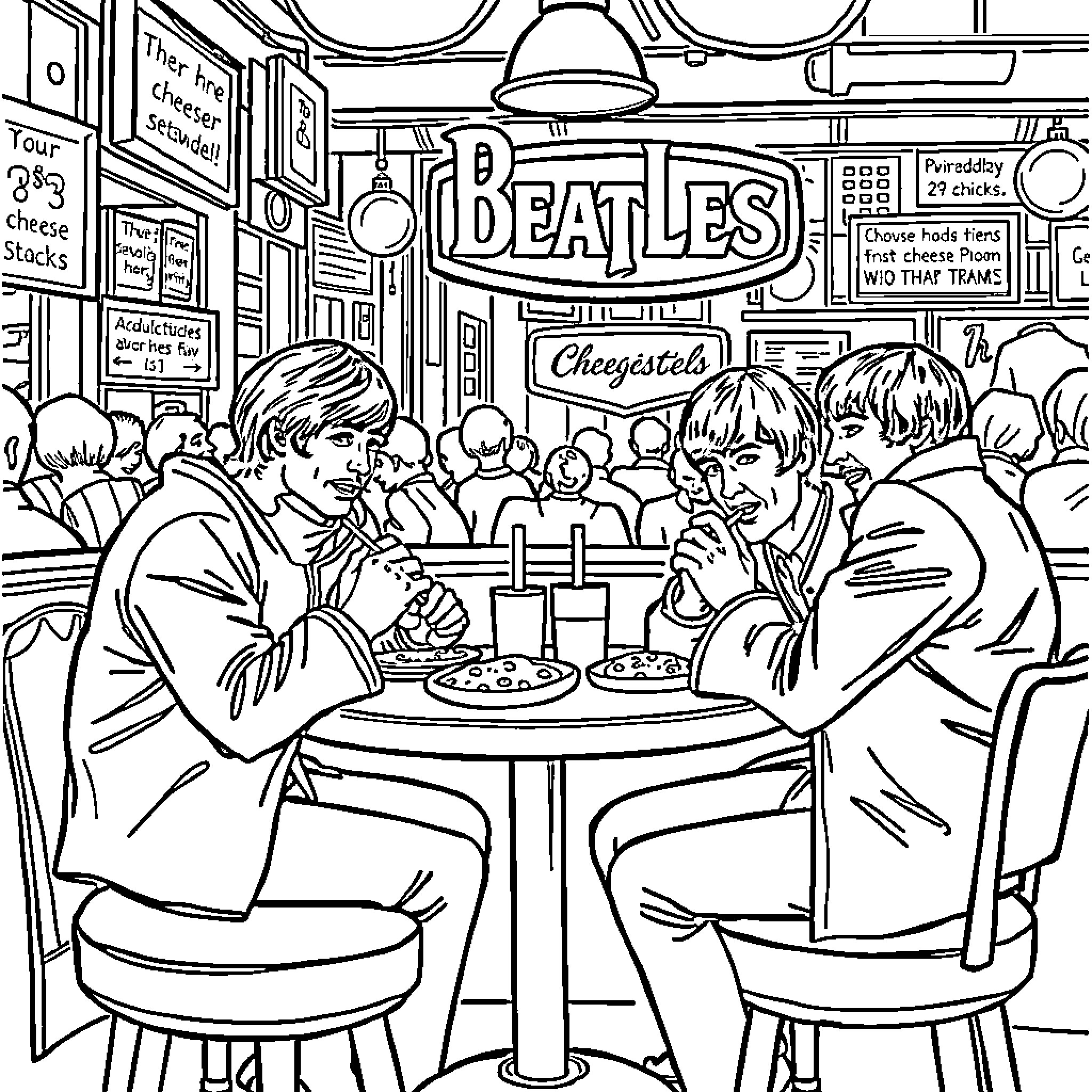The Beatles Enjoying a Meal and Conversation at a Diner Coloring Page (free black-and-white line drawing printable PDF for all, from beginners to advanced learners, including children, teens, adults, and seniors)