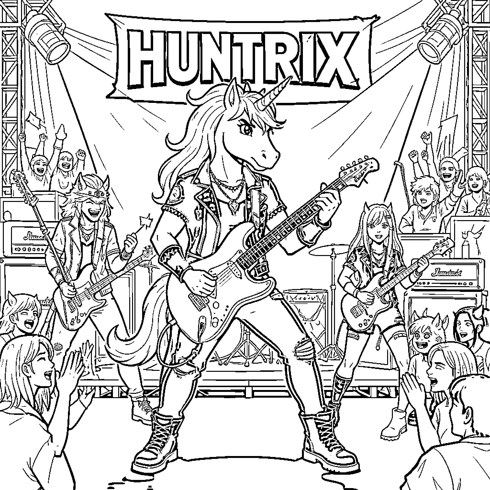 Licorne playing electric guitar performing on stage for fans Coloring Page (free black-and-white line drawing printable PDF for all, from beginners to advanced learners, including children, teens, adults, and seniors)