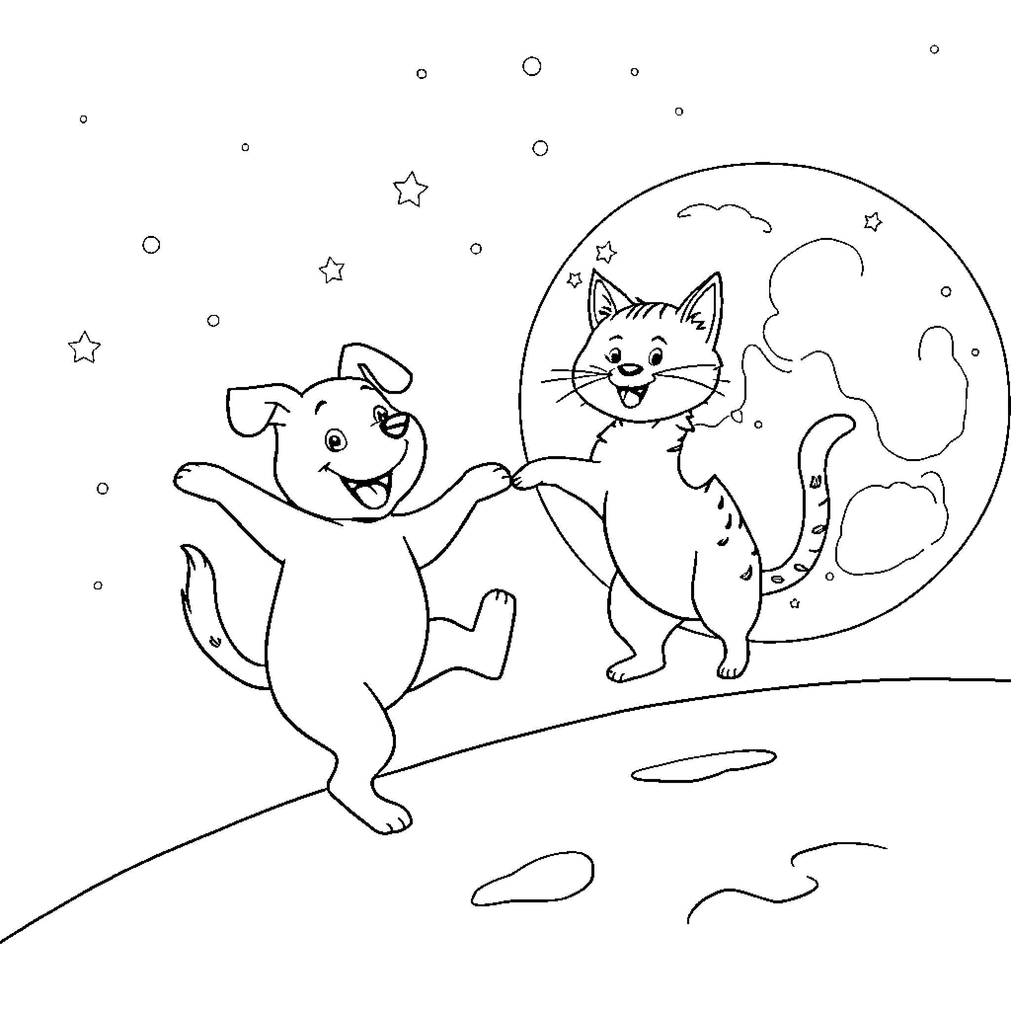 Dog and cat playing under the starry night Coloring Page (free black-and-white line drawing printable PDF for all, from beginners to advanced learners, including children, teens, adults, and seniors)