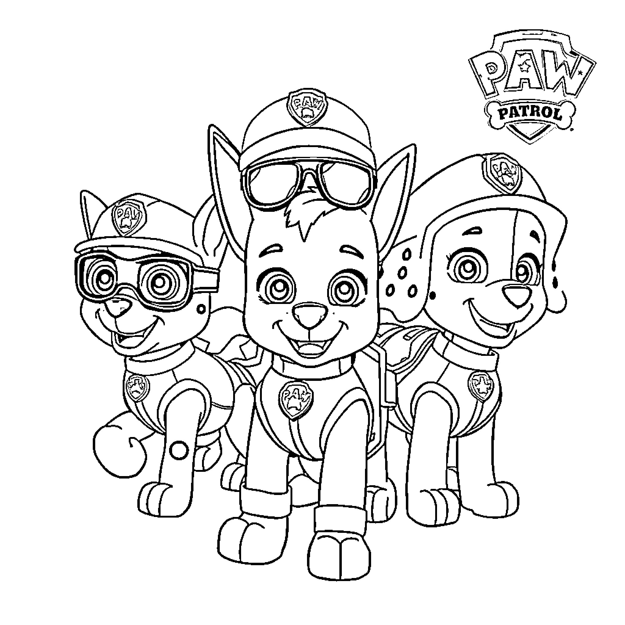 Paw Patrol Pups in Uniforms on Action Coloring Page (free black-and-white line drawing printable PDF for all, from beginners to advanced learners, including children, teens, adults, and seniors)