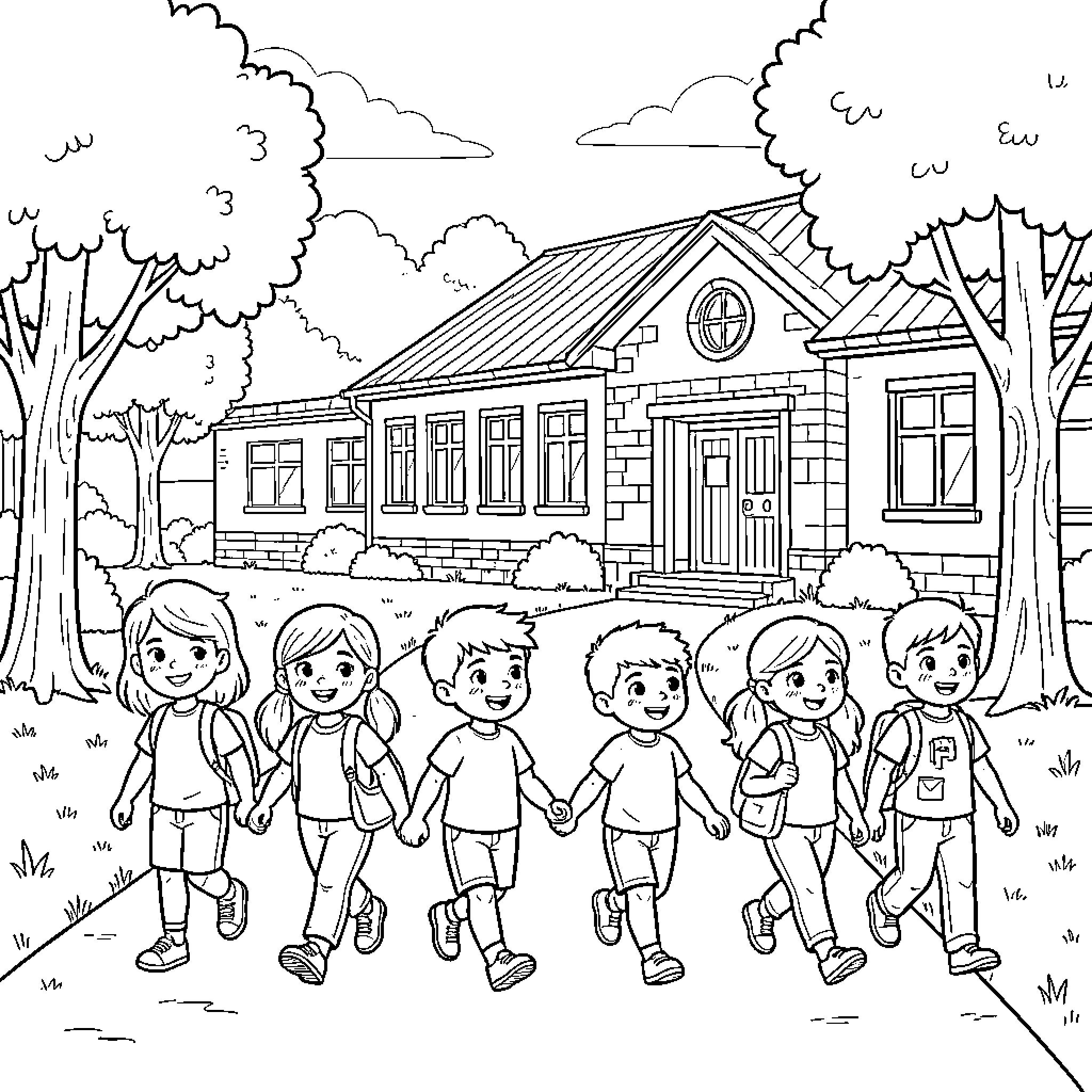 Child group holding hands while walking near a school Coloring Page (free black-and-white line drawing printable PDF for all, from beginners to advanced learners, including children, teens, adults, and seniors)