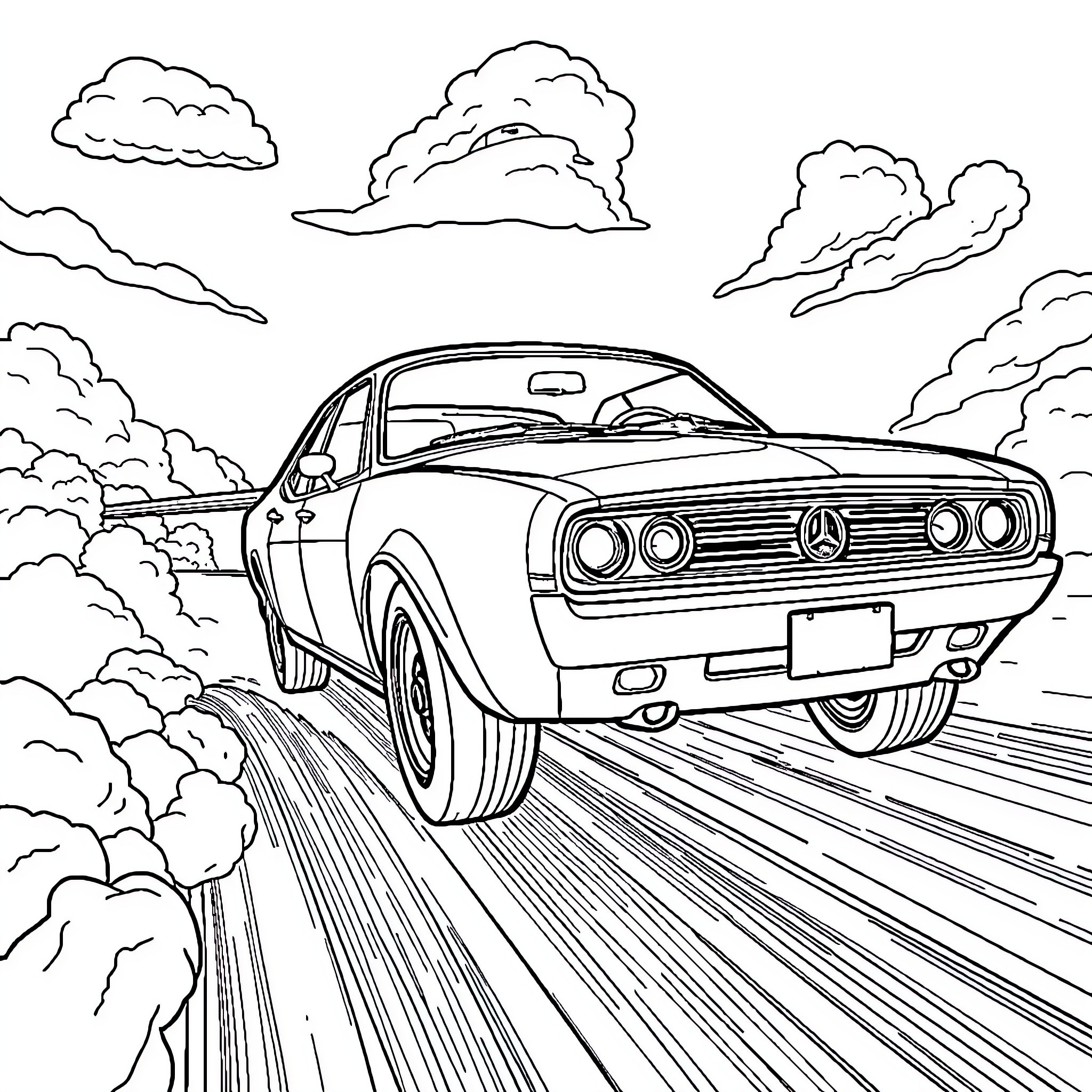Flying Car on a Winding Road Coloring Page (free black-and-white line drawing printable PDF for all, from beginners to advanced learners, including children, teens, adults, and seniors)