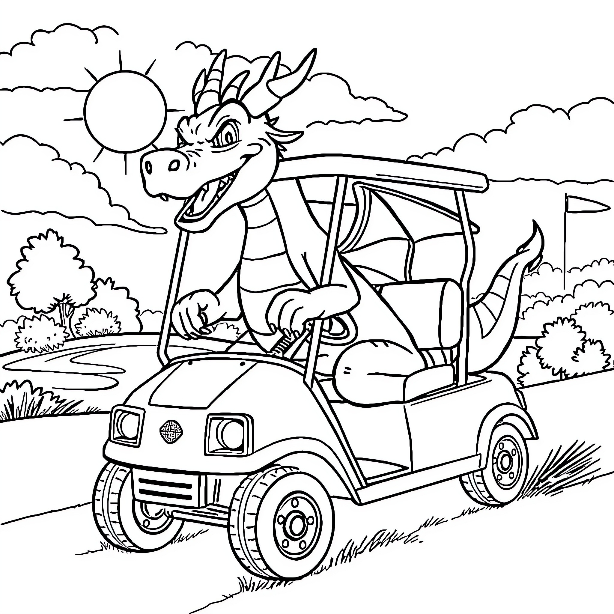 Dragon riding a golf cart in the countryside Coloring Page (free black-and-white line drawing printable PDF for all, from beginners to advanced learners, including children, teens, adults, and seniors)
