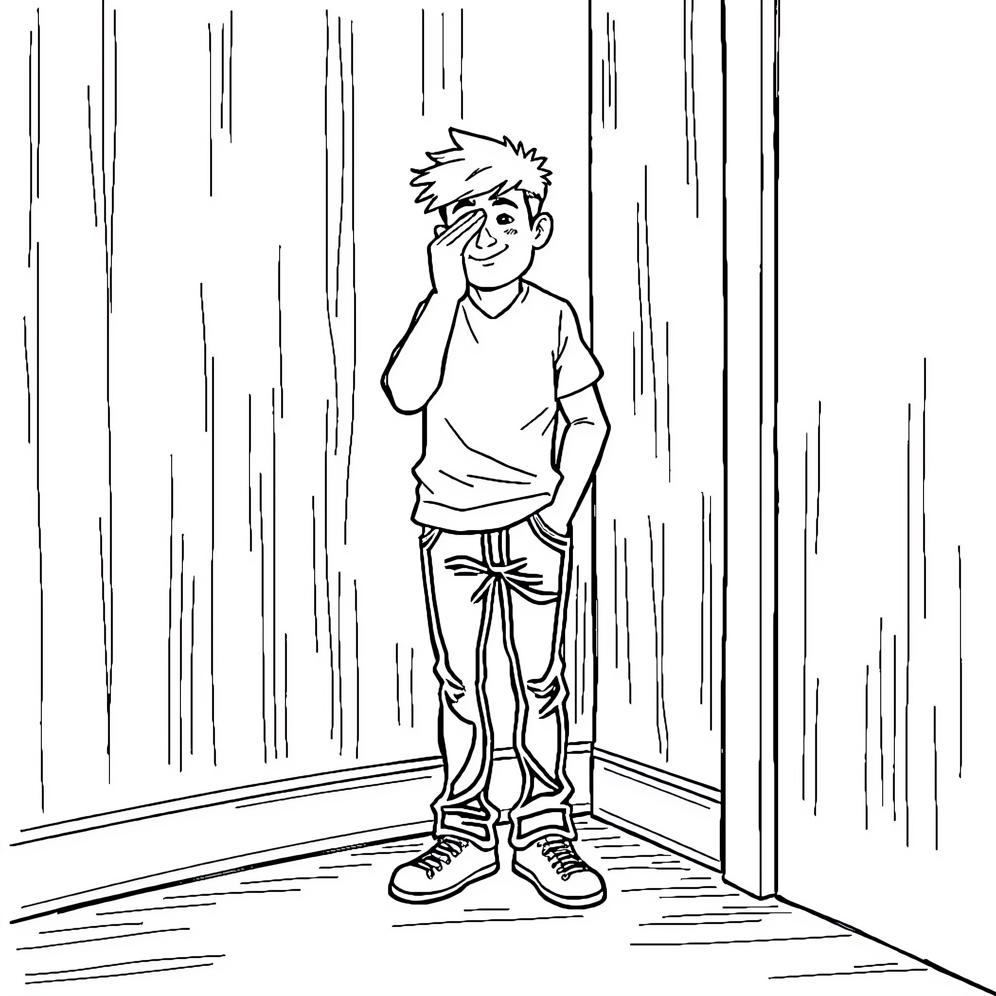 Guy standing in a dimly lit room Coloring Page (free black-and-white line drawing printable PDF for all, from beginners to advanced learners, including children, teens, adults, and seniors)