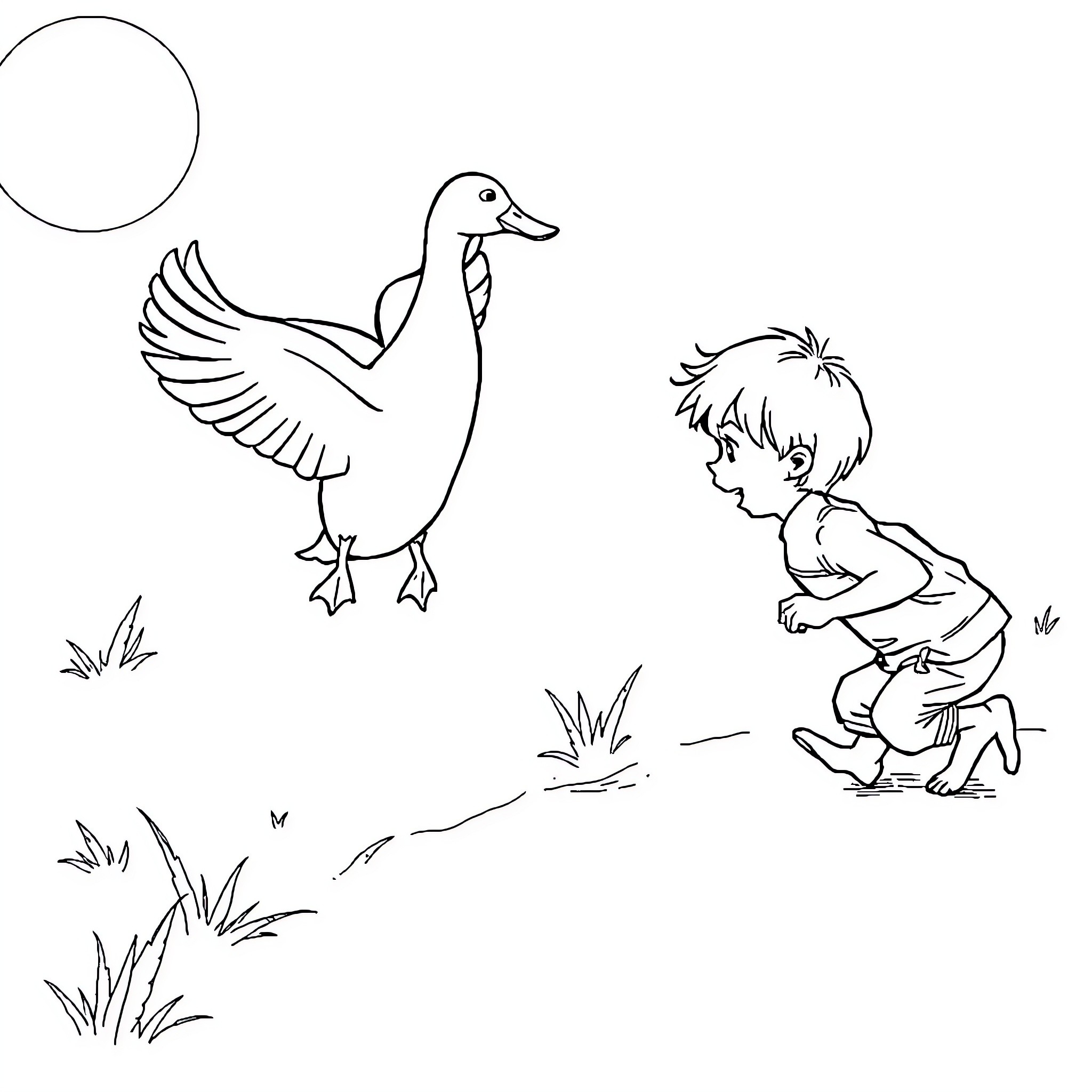 Duck and young boy playing outdoors Coloring Page (free black-and-white line drawing printable PDF for all, from beginners to advanced learners, including children, teens, adults, and seniors)