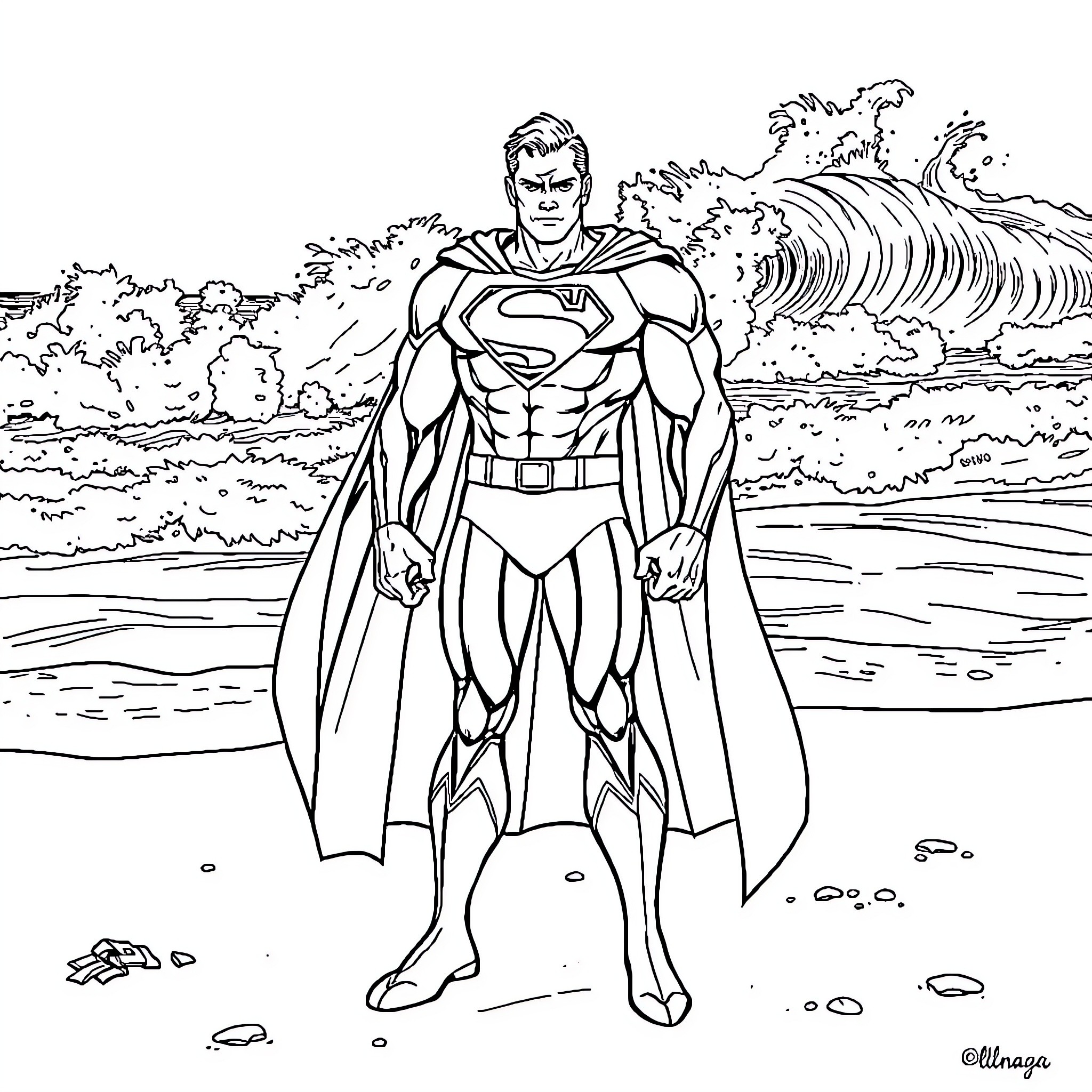 Superman in heroic pose on beach Coloring Page (free black-and-white line drawing printable PDF for all, from beginners to advanced learners, including children, teens, adults, and seniors)
