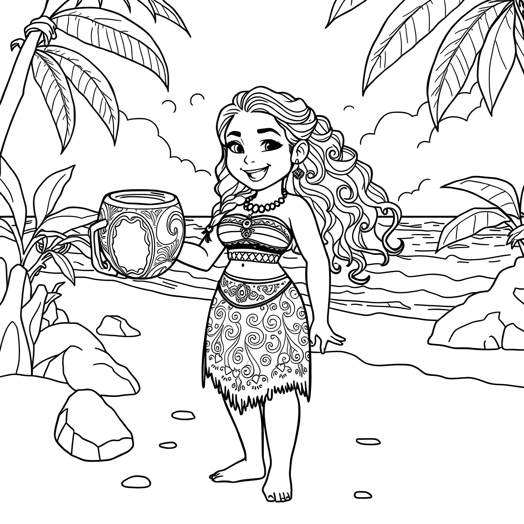 Coconut Girl Playing by the Tropical Beach Coloring Page (free black-and-white line drawing printable PDF for all, from beginners to advanced learners, including children, teens, adults, and seniors)