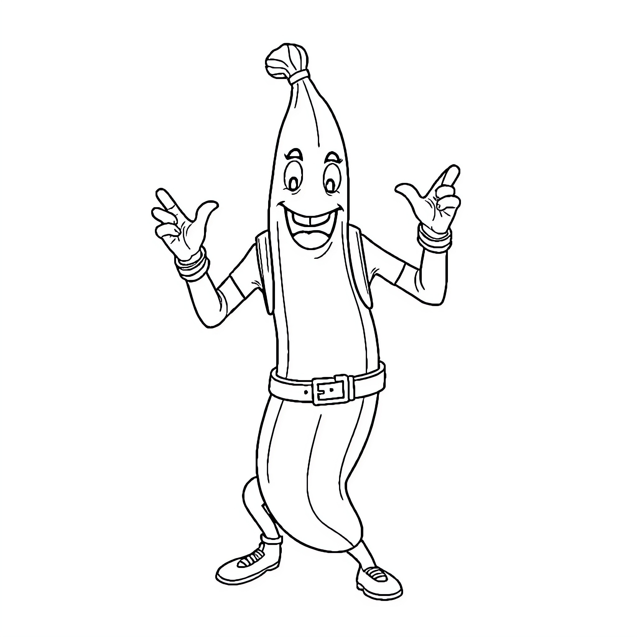 Banana man making a cheerful gesture Coloring Page (free black-and-white line drawing printable PDF for all, from beginners to advanced learners, including children, teens, adults, and seniors)
